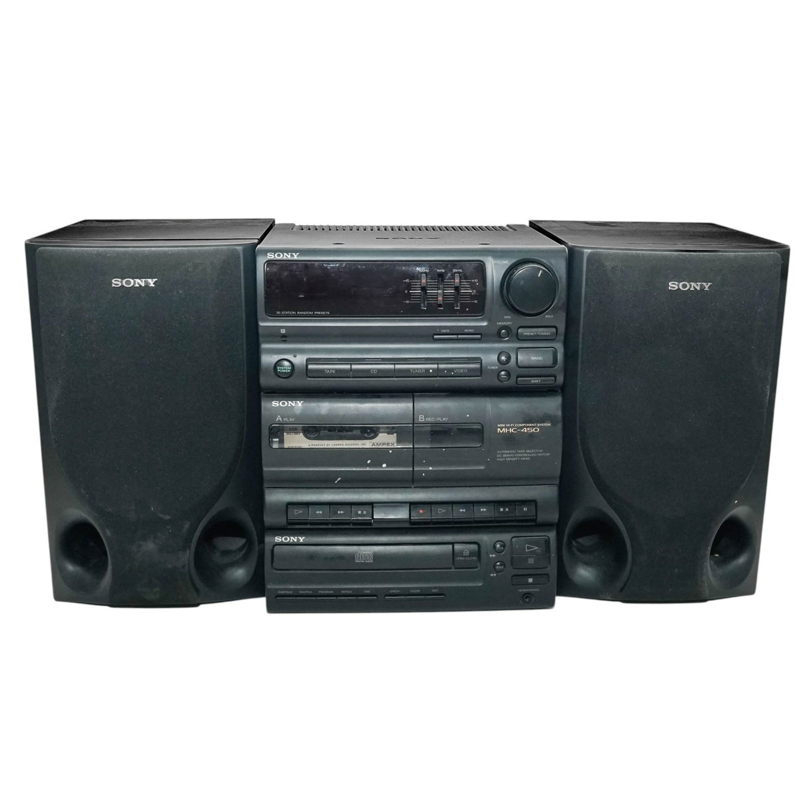 (3 pcs) Sony Radio and Speaker System: (3 pcs) Sony Radio and Speaker System1994(1) Sony Mini Hi-Fi Component System (MHC-450). Marked on back "Sony model no. HCD-H450M serial no. 883288" with a manufacturer certification dated August 1994