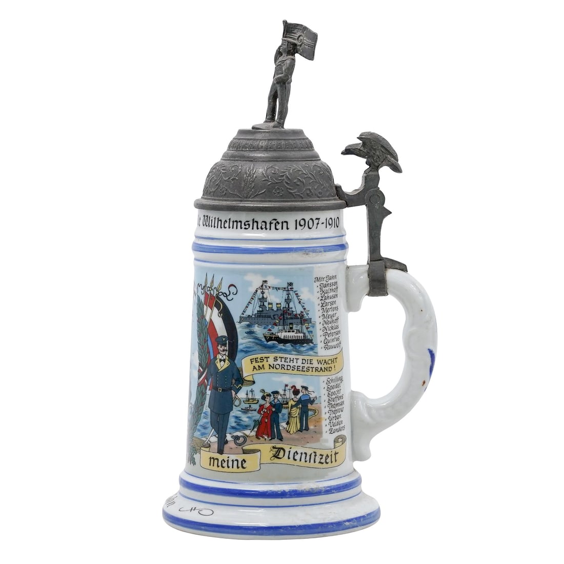 German Imperial Navy Wilhelmshaven Porcelain Lithophane Stein: German Imperial Navy Wilhelmshaven Porcelain Lithophane Stein circa 1949-1990, West German A porcelain stein featuring a depiction of a German Imperial Navy officer scene. The script indicates "1st