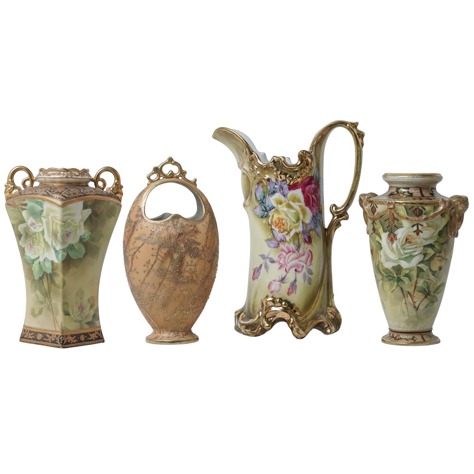 (4pc) Nippon Hand Painted Porcelain Vases & Ewer: (4pc) Nippon Hand Painted Porcelain Vases & Ewer Early to late 20th century, Japanese Four Nippon hand painted porcelain pieces including, one vintage porcelain ewer with yellow ground and roses,