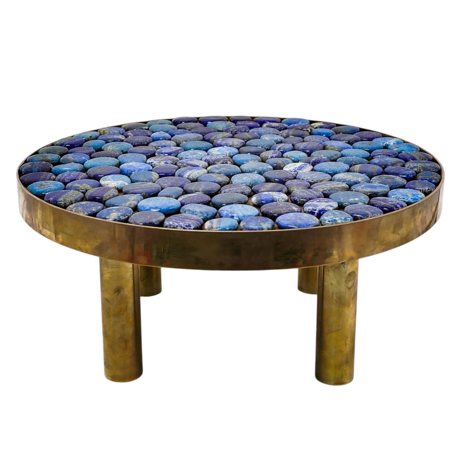 Georges Mathias Brass and Lapis Lazuli Coffee Table: Georges Mathias Brass and Lapis Lazuli Coffee Table circa 1970s-1980s, Belgian Georges Mathias brass & lapis lazuli inset coffee table. Signed on a plaque on table rim. H 9" x Diameter 20"