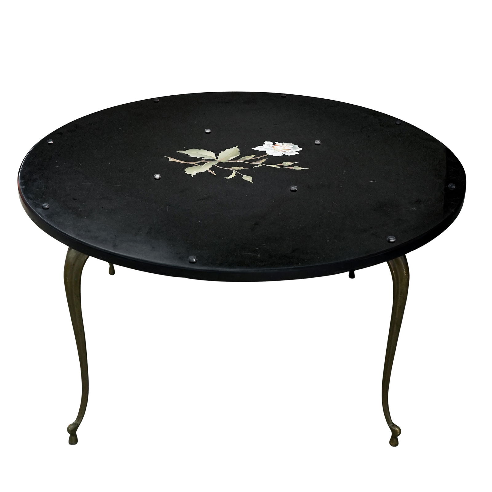 Italian Pietra Dura "Nero Italia" Coffee Table: Italian Pietra Dura "Nero Italia" Coffee Table 20th century, Italian A vintage Pietra Dura "Nero Italia' coffee table featuring a black stone table top with a floral stone inlay design and thin