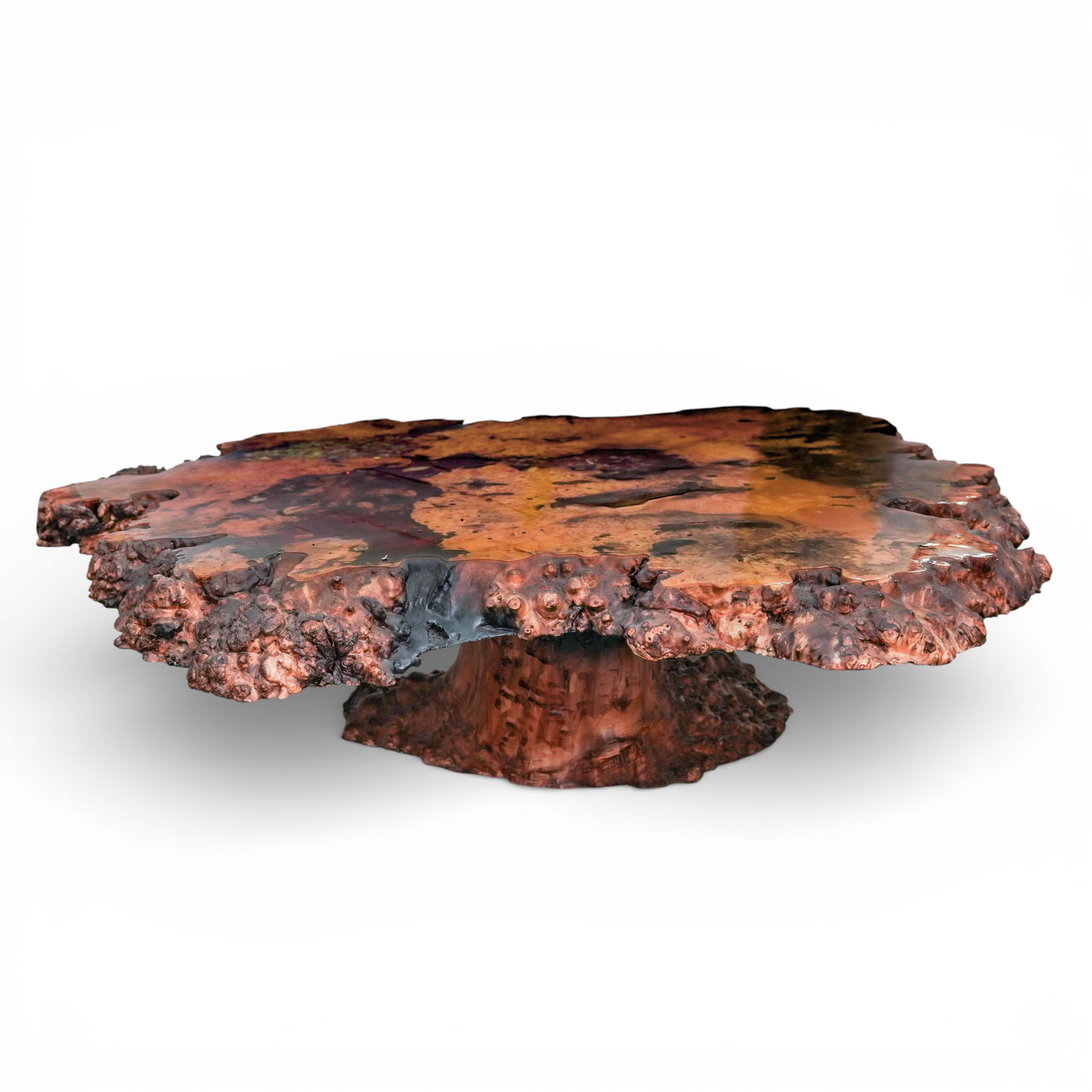 Mountain Craft Burlwood Live Edge Table: Mountain Craft Burlwood Live Edge Table 20th century, American A vintage Mountain Craft California buckeye burlwood table featuring broken glass inclusions under a coat of resin and a live edge.