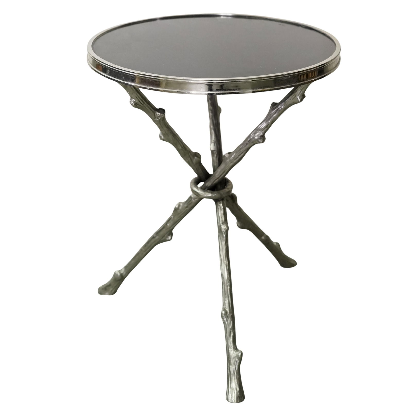 Global Views "Twig" Metal Side Table: Global Views "Twig" Metal Side Table Late 20th-early 21st century, American A Global Views "Twig" side table, featuring a black polished stone top with bois motif metal tripod legs in a silver