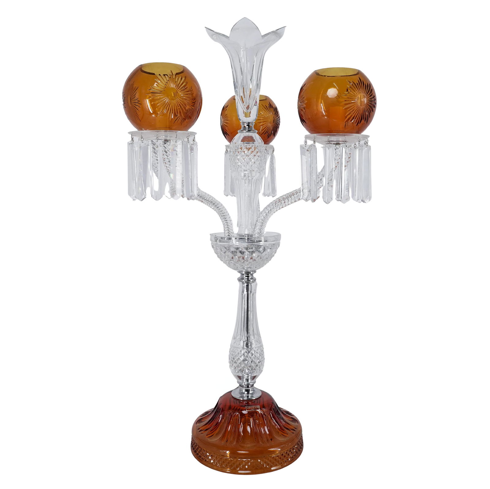 Saint Louis "Maharadja" Amber & Clear Crystal Candelabra: Saint Louis "Maharadja" Amber & Clear Crystal Candelabra Late 20th century, French A three-light candelabra lamp crafted from clear and amber crystal. It features a round amber base and a faceted