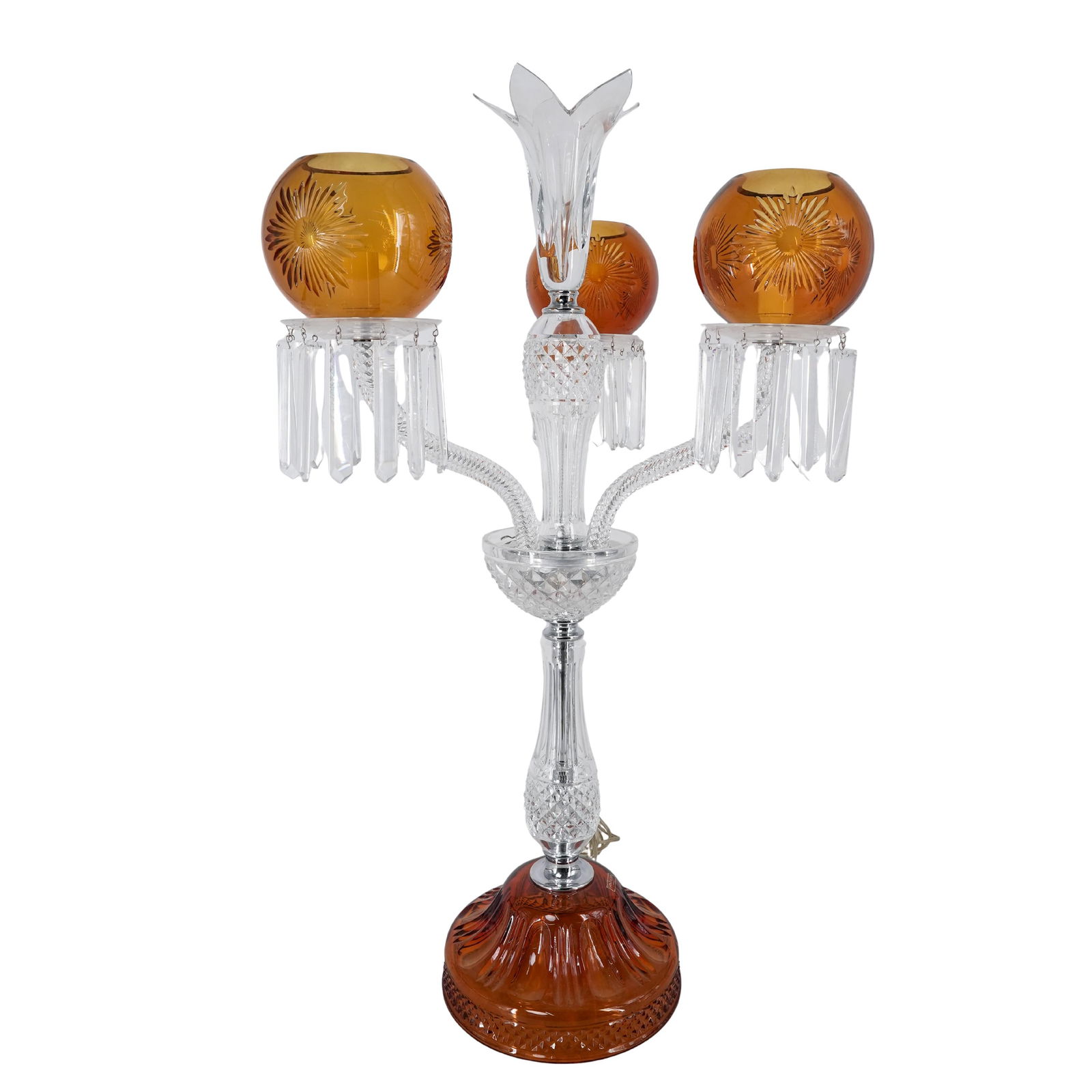 Saint Louis "Maharadja" Amber & Clear Crystal Candelabra: Saint Louis "Maharadja" Amber & Clear Crystal Candelabra Late 20th century, French A three-light candelabra lamp crafted from clear and amber crystal. It features a round amber base and a faceted