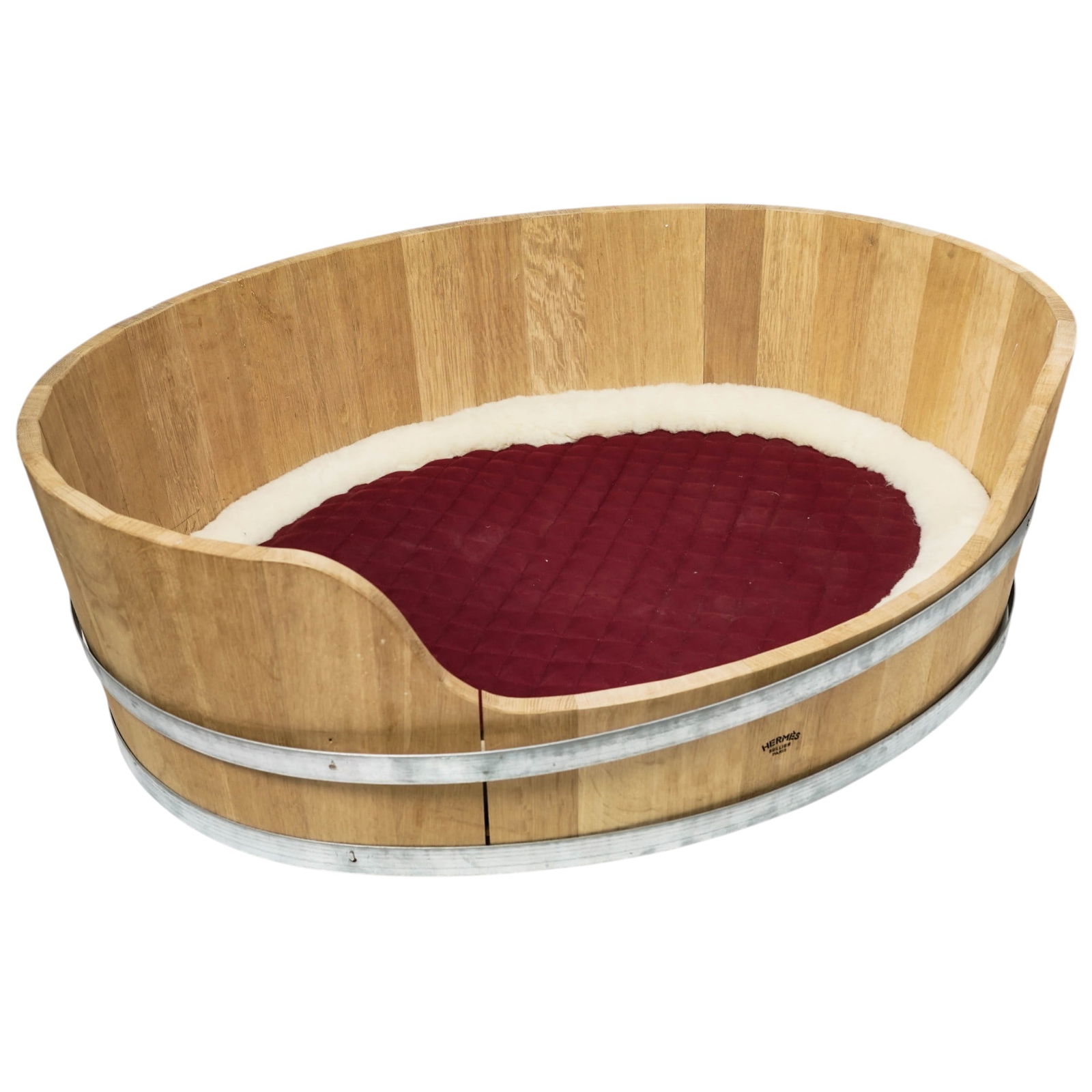 Hermes Oak "Bucket Basket" w/ Sheepskin Dog Bed: Hermes Oak "Bucket Basket" w/ Sheepskin Dog Bed 21st century, French An Hermes dog bed, featuring the oak wood "Bucket Basket", designed to emulate the art of French barrel making. Stamped for Hermes