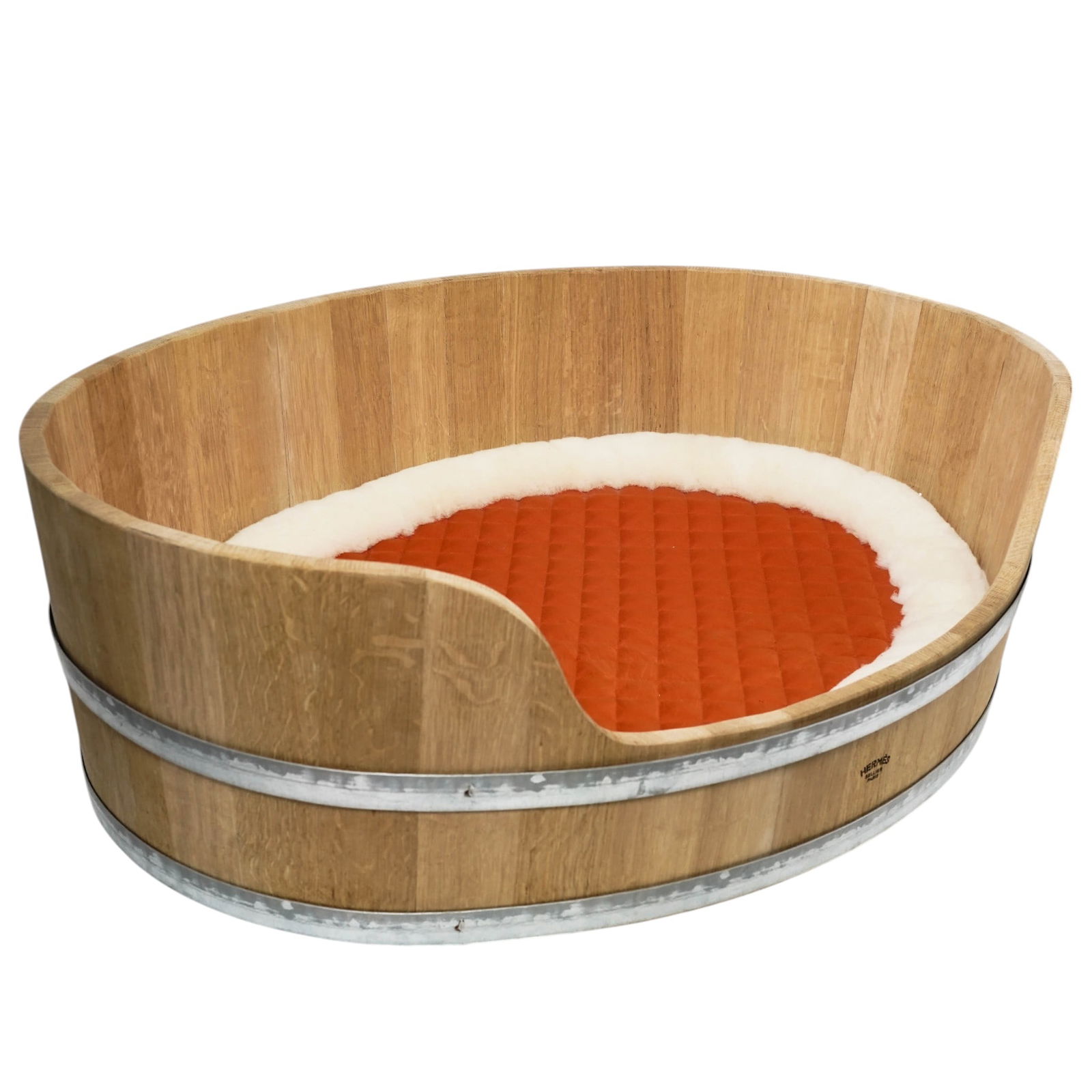 Hermes Oak "Bucket Basket" w/ Sheepskin Dog Bed: Hermes Oak "Bucket Basket" w/ Sheepskin Dog Bed 21st century, French An Hermes dog bed, featuring the oak wood "Bucket Basket", designed to emulate the art of French barrel making. Stamped for Hermes