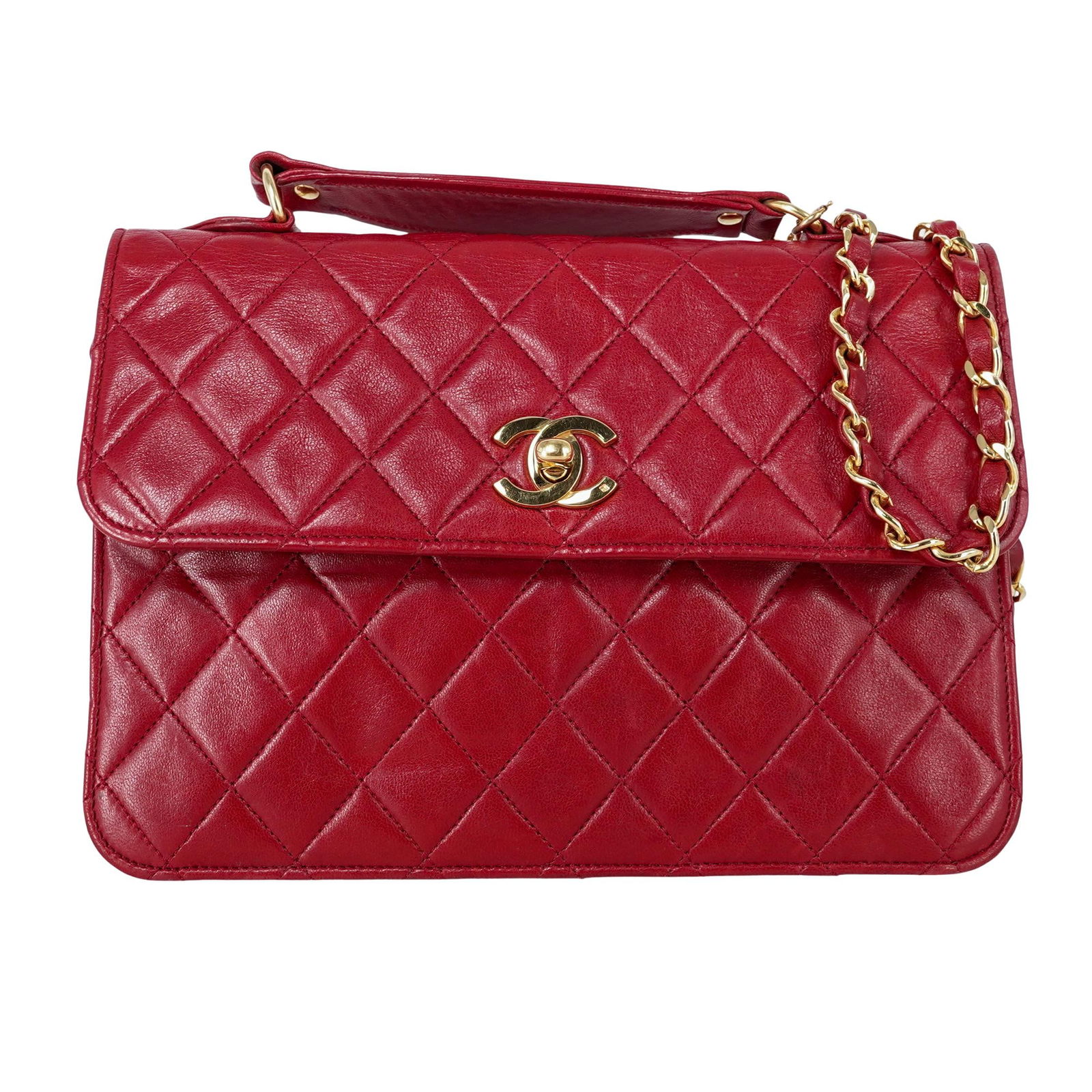 Chanel Matelasse Red Quilted Flap Lambskin Bag: Chanel Matelasse Red Quilted Flap Lambskin Bag 20th century, French The bag features the iconic diamond quilting pattern and a prominent gold-tone interlocking cc turn-lock closure on the front flap.