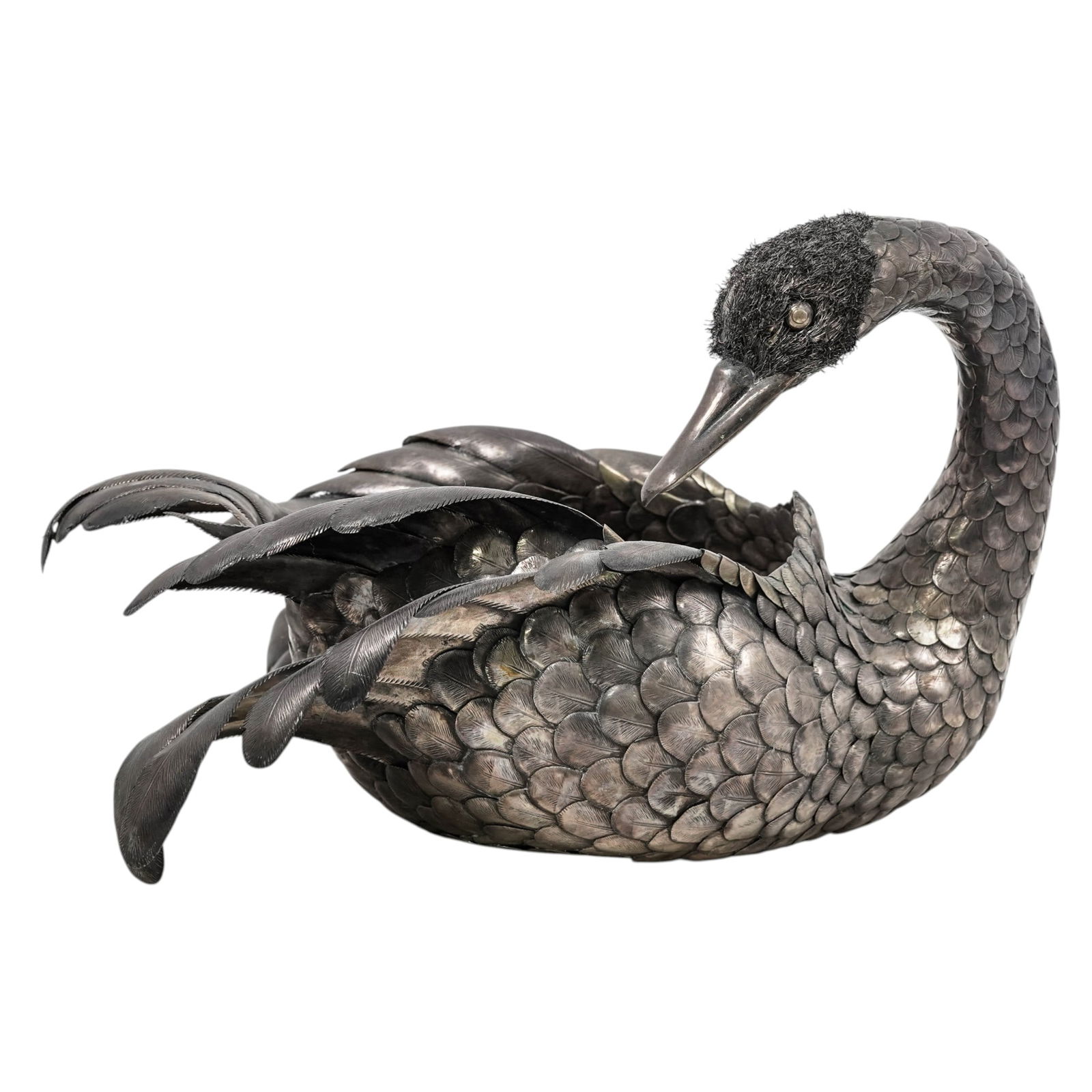 Fratelli Lisi e Figli Naturalistic Silver Swan Centerpiece: Fratelli Lisi e Figli Naturalistic Silver Swan CenterpieceCirca 1944-1968., ItalianThis mid-century Italian silver swan centerpiece is a masterwork of naturalistic sculpture, handcrafted by the presti