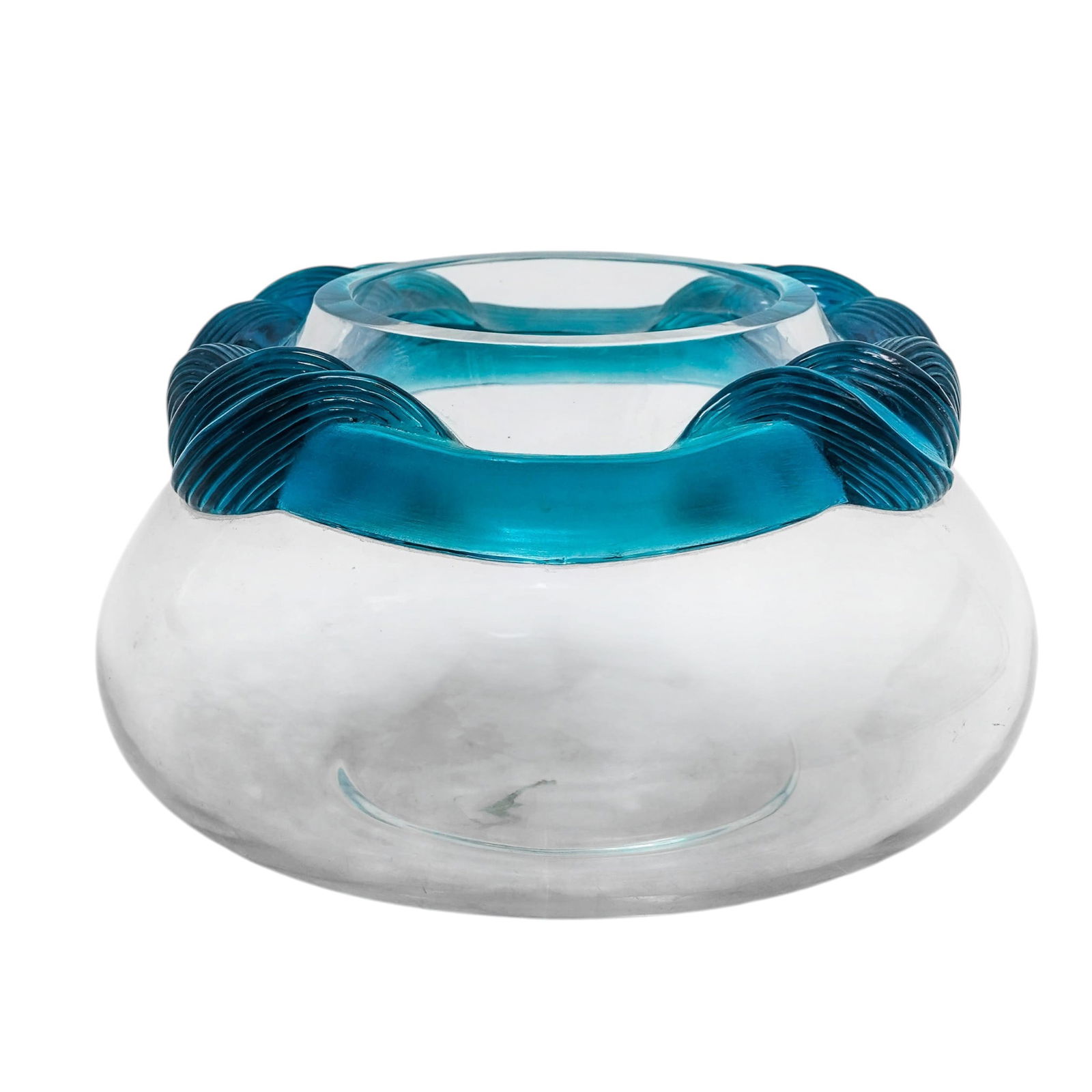 Lalique Crystal "Cyrus" Centerpiece Bowl: Lalique Crystal "Cyrus" Centerpiece Bowl20th century, FrenchThe centerpiece features a clear crystal body with a vibrant, frosted turquoise glass ribbon winding around the upper part. This design elem