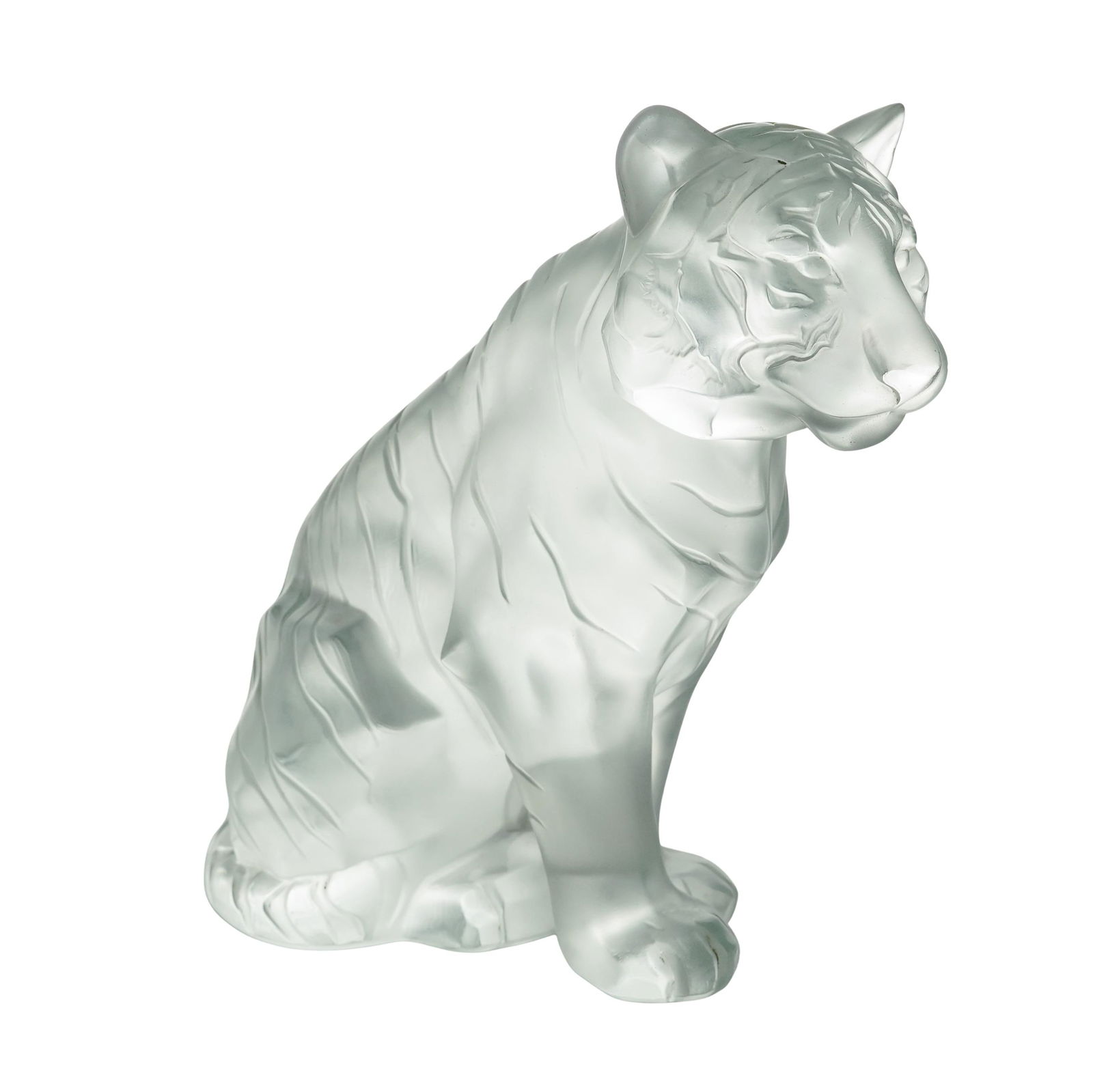 Lalique Crystal Frosted "Sitting Tiger" Sculpture: Lalique Crystal Frosted "Sitting Tiger" Sculpture20th century, FrenchLalique sitting tiger sculpture, a classic piece from the renowned French crystal house. It is crafted in clear crystal with a fros