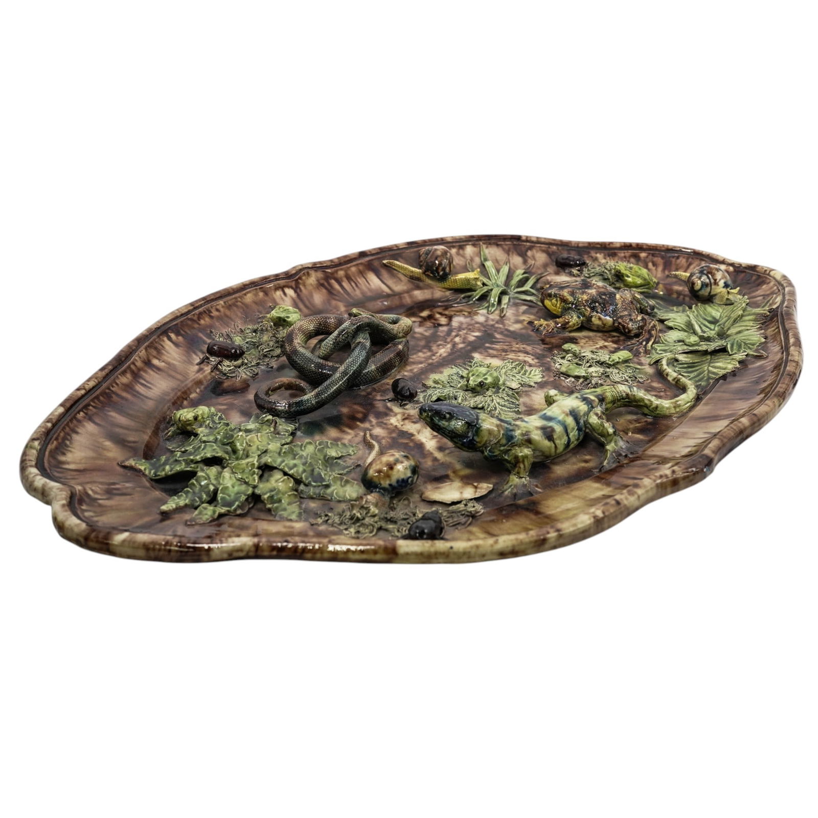 Antique Palissy Style Majolica Platter: Antique Palissy Style Majolica PlatterLate 19th to early 20th Cent., FrenchPalissy ware, were inspired by the 16th-century Renaissance artist Bernard Palissy, who became famous for his "rustic basins"