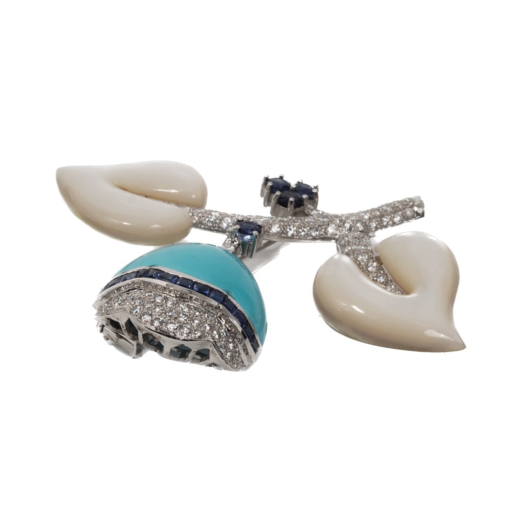 Vintage 18k Gold Turquoise MOP Diamond & Sapphire Brooch Signed - 2