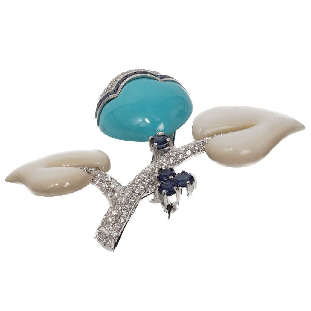 Vintage 18k Gold Turquoise MOP Diamond & Sapphire Brooch Signed - 3