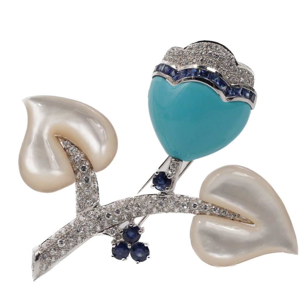Vintage 18k Gold Turquoise MOP Diamond & Sapphire Brooch Signed - 4