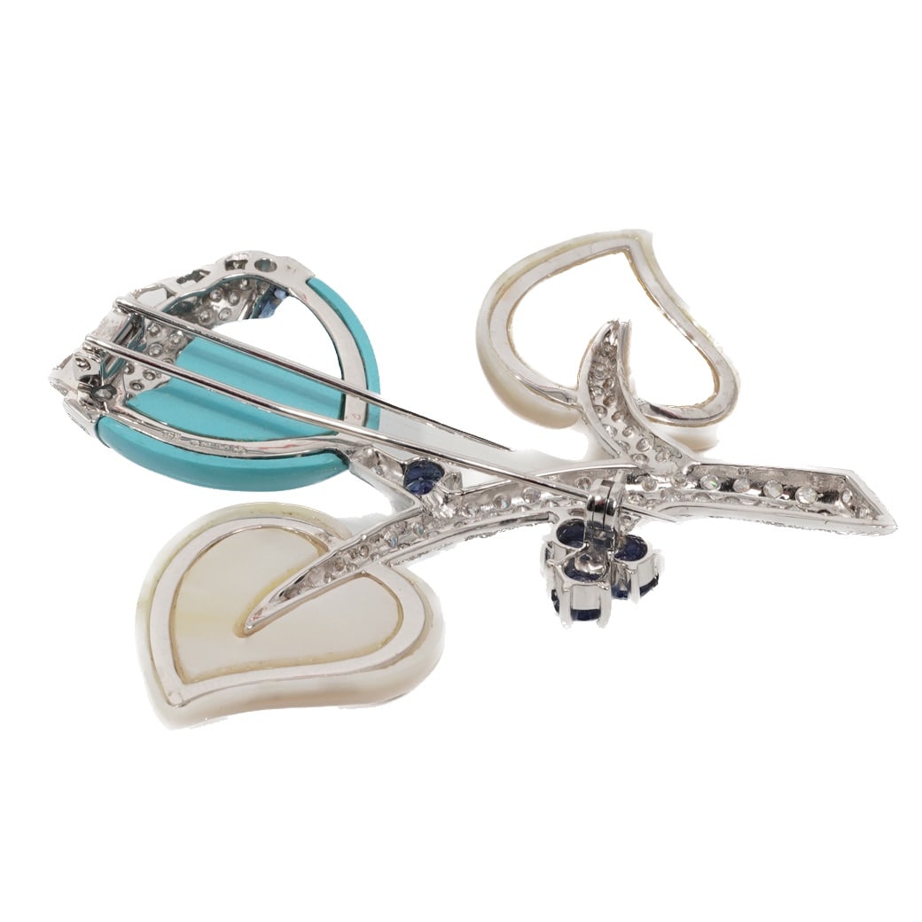 Vintage 18k Gold Turquoise MOP Diamond & Sapphire Brooch Signed - 5