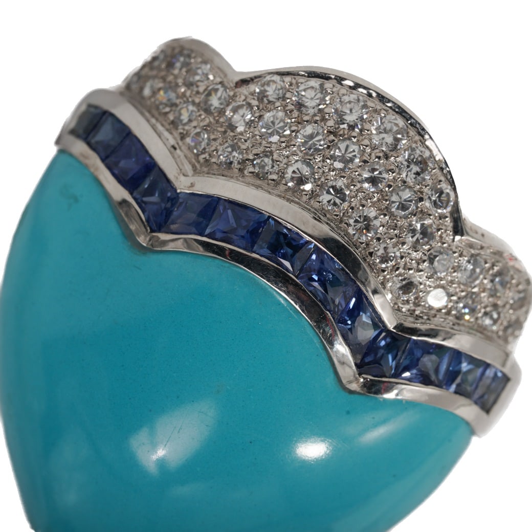 Vintage 18k Gold Turquoise MOP Diamond & Sapphire Brooch Signed - 7