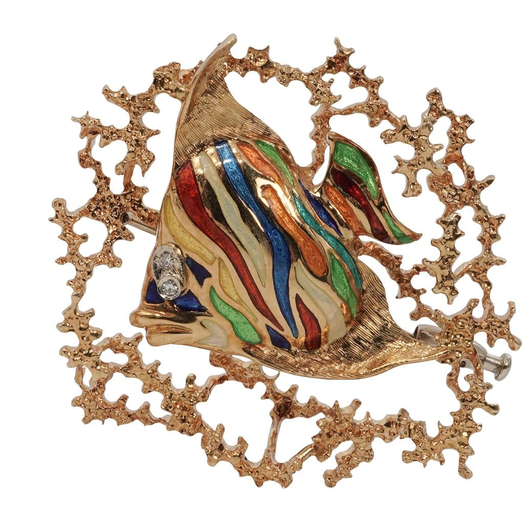 Vintage 18k Gold Diamond & Enamel Tropical Fish Brooch Signed: Vintage 18k Gold Diamond & Enamel Tropical Fish Brooch SignedLate 20th CenturyVintage tropical fish brooch made in 18K yellow gold, depicting a stylized fish with polychrome enamel striping in blue, g
