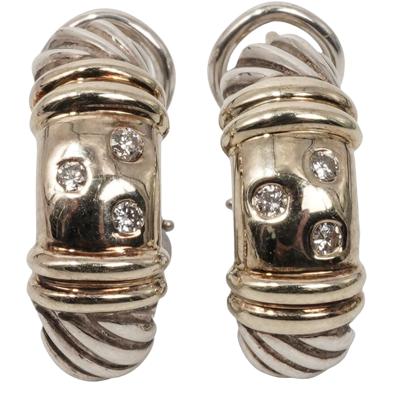 David Yurman 14K Gold Sterling Silver & Diamond Cable Hoop Earrings: David Yurman 14K Gold Sterling Silver & Diamond Cable Hoop EarringsLate 20th - early 21st century, United StatesPair of David Yurman hinged hoop earrings made in sterling silver with 14K yellow gold a