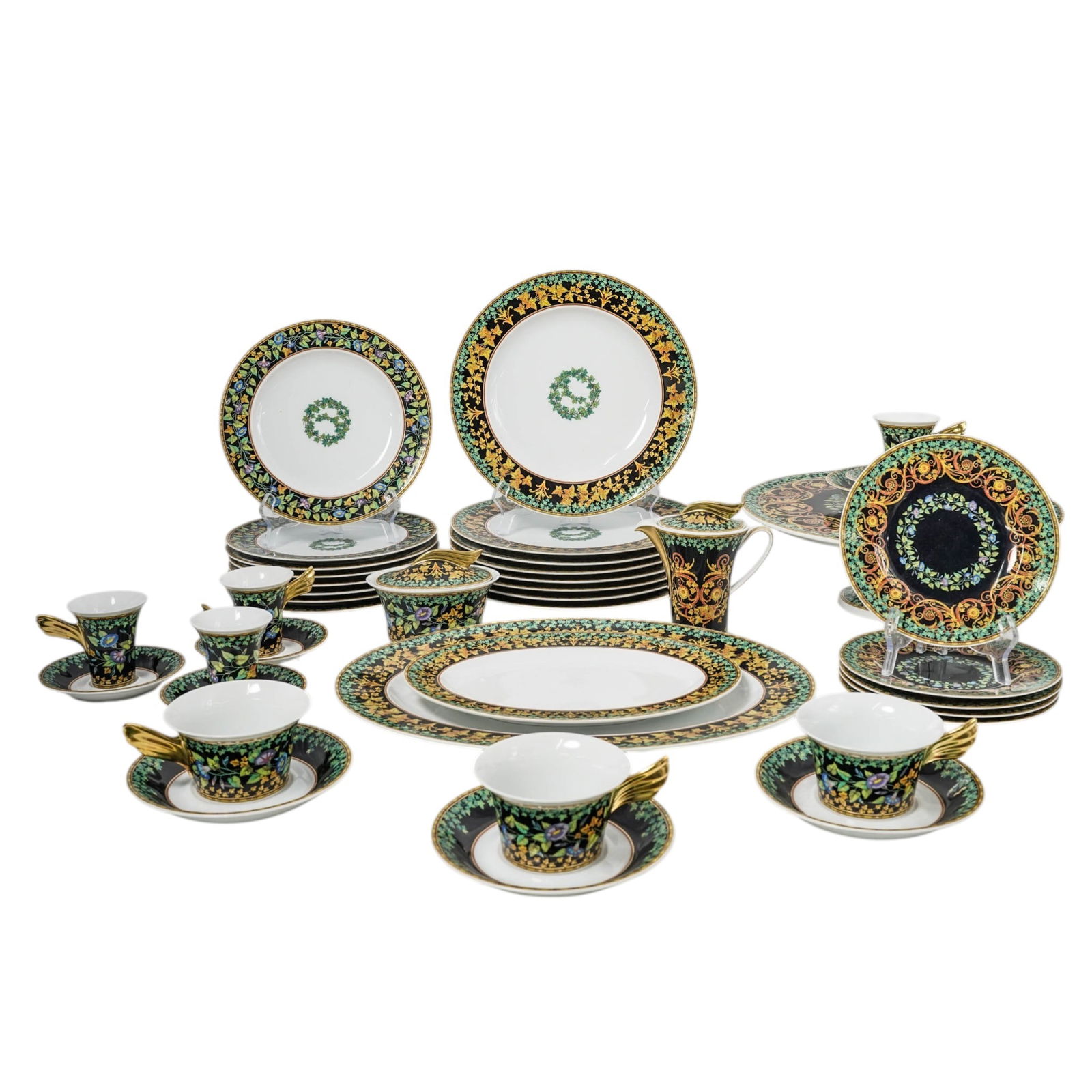 (41 Pc) Versace Rosenthal "Gold Ivy" Porcelain Dinnerware Set: (41 Pc) Versace Rosenthal "Gold Ivy" Porcelain Dinnerware Set1998 -2004, GermanA forty-one piece set of Versace Rosenthal porcelain dinnerware, in the "Gold Ivy" pattern. Marked with Rosenthal Versace