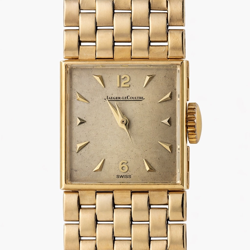 Vintage Jaeger-LeCoultre 9k Gold Ladies Watch: Vintage Jaeger-LeCoultre 9k Gold Ladies Watch1977, SwissVintage ladies square-form manual-wind wristwatch by Jaeger-LeCoultre, fitted with an integral brick-link bracelet. The silvered dial is signed