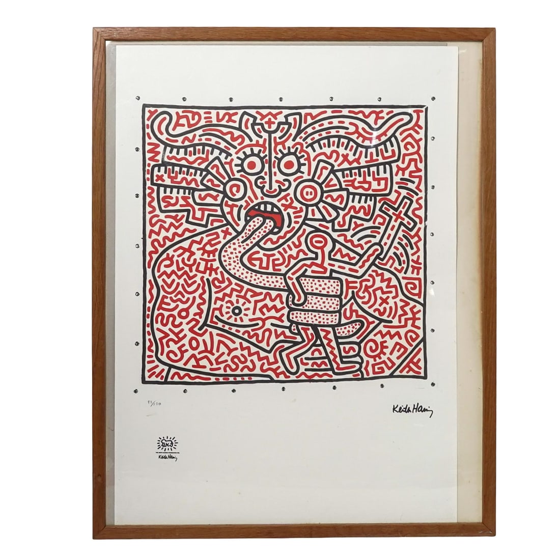 Keith Haring (American. (1958-1990) "Red King" Lithograph: Keith Haring (American. (1958-1990) "Red King" Lithograph1983, USAThe lithograph on paper, signed in plate, pencil numbered 93/150, by iconic American Pop artist Keith Haring . There is a dry stamp or