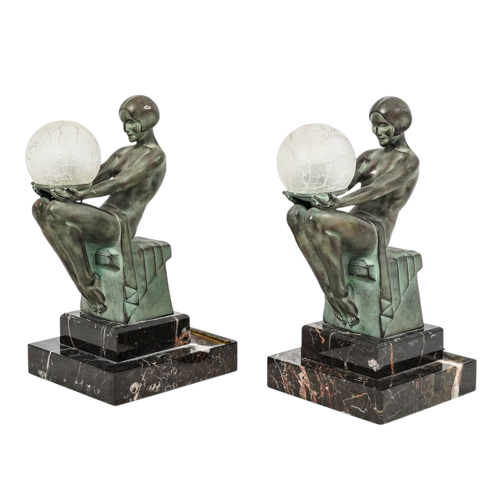 Pair of M. Le Verrier (French, 1891–1973) Art Deco Metal & Marble Table Lamps (1 of 7)