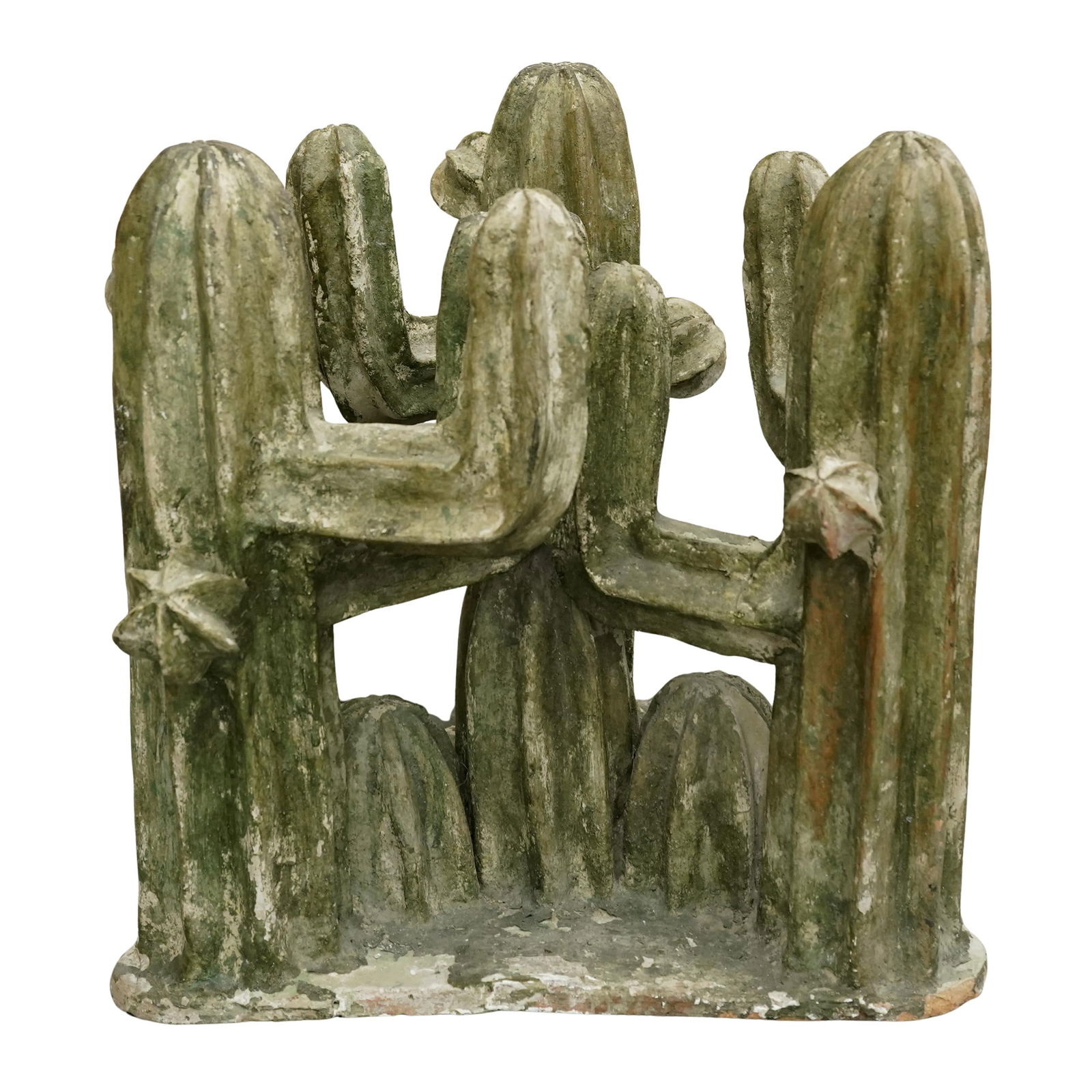 Carved Stone Cactus Sculpture: Carved Stone Cactus Sculpture 20th century, American A stone Saguaro cactus sculpture in a triangular form with polychrome painted green detail. H 21" x L 21" x W 19.5"