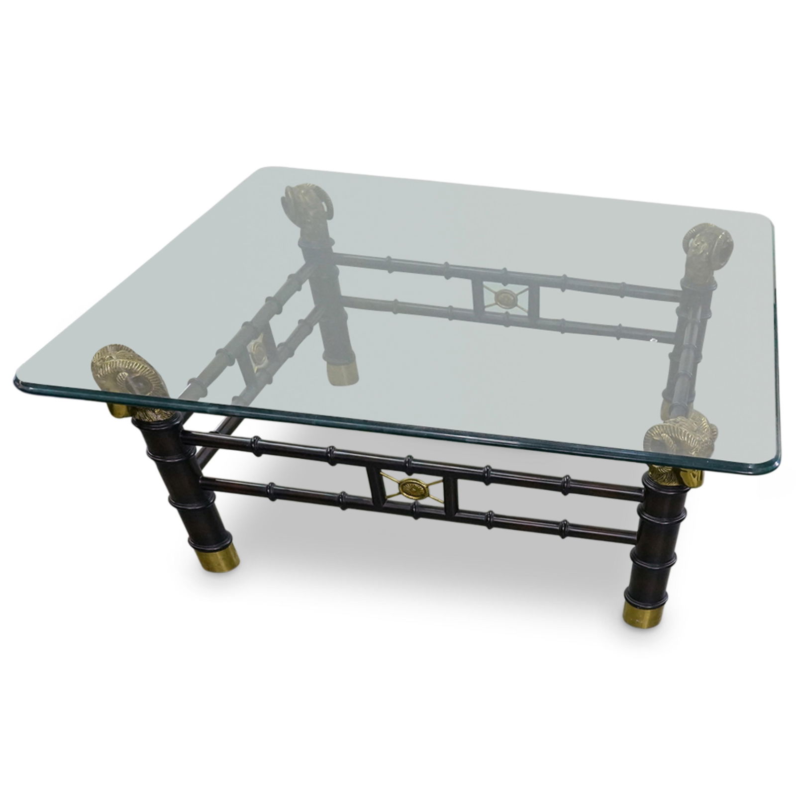 Hollywood Regency Hardwood Frame Glass Topped Table w/ Gilt Bronze Rams: Hollywood Regency Hardwood Frame Glass Topped Table w/ Gilt Bronze Rams 20th century, Continental A square glass topped table with a dark hardwood bamboo-style frame and gilt bronze carved ram head