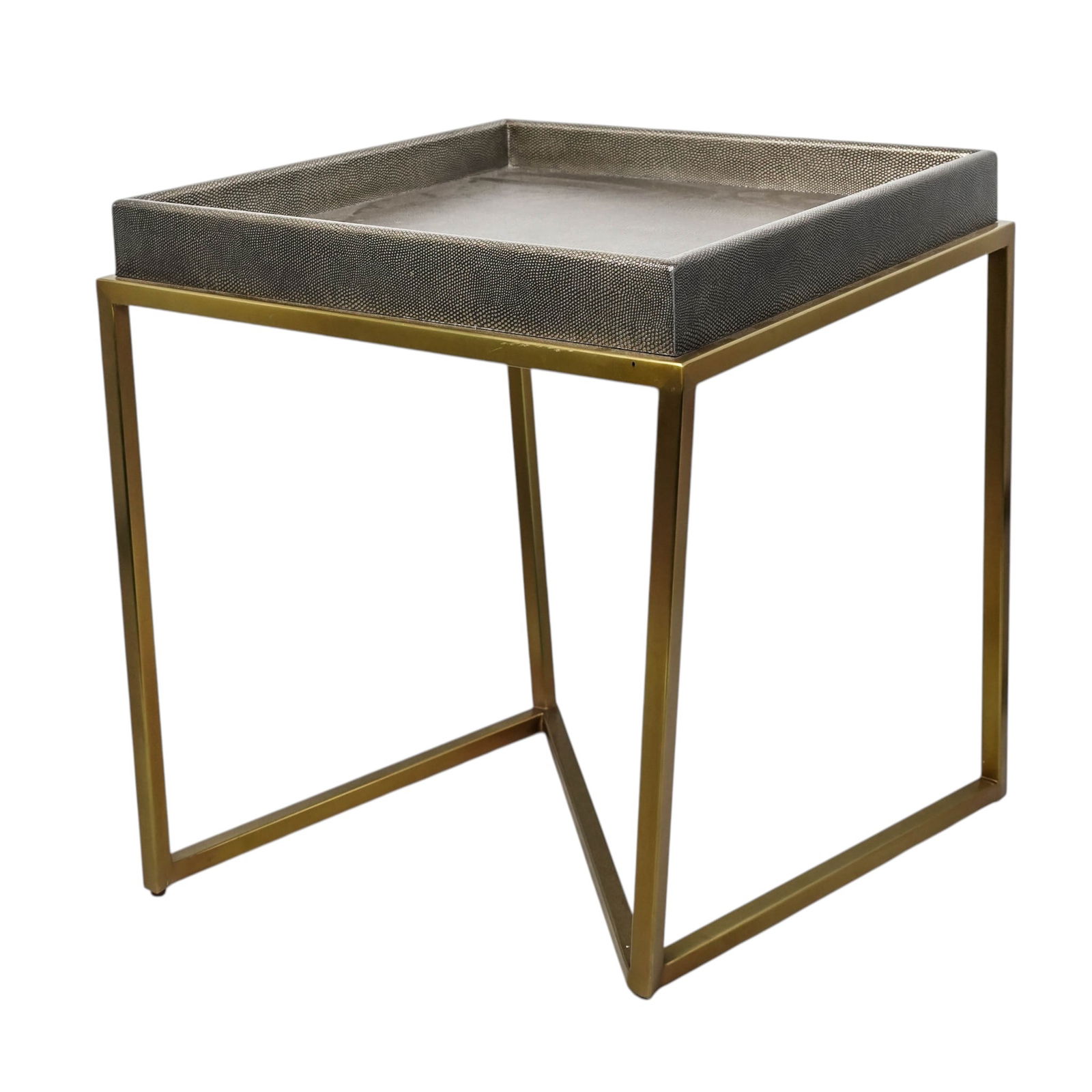 Theodore Alexander Studio Shagreen Style Table: Theodore Alexander Studio Shagreen Style Table Late 20th-early 21st century, American Modern accent table featuring square shagreen-style tray top in dark taupe tones atop an angular geometric