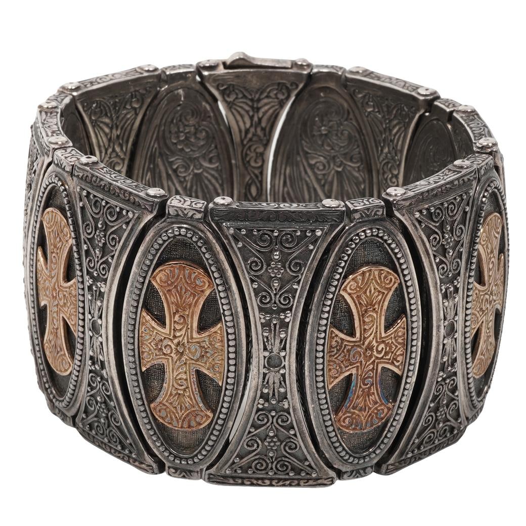 Konstantino 950 Silver & 18k Gold Greek Revival Panel Bracelet: Konstantino 950 Silver & 18k Gold Greek Revival Panel BraceletLate 20th Century, GreeceHeavy panel bracelet by Konstantino, executed in 950 silver with applied 18k yellow gold elements. The bracelet f