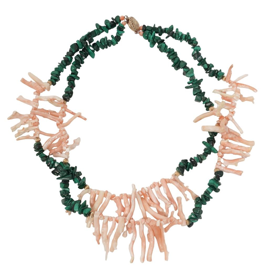 Vintage Gold Malachite & Branch Coral Bead Necklace: Vintage Gold Malachite & Branch Coral Bead Necklace20th centuryDouble strand necklace composed of irregular green malachite chip beads alternating with natural pink branch coral segments with interspe