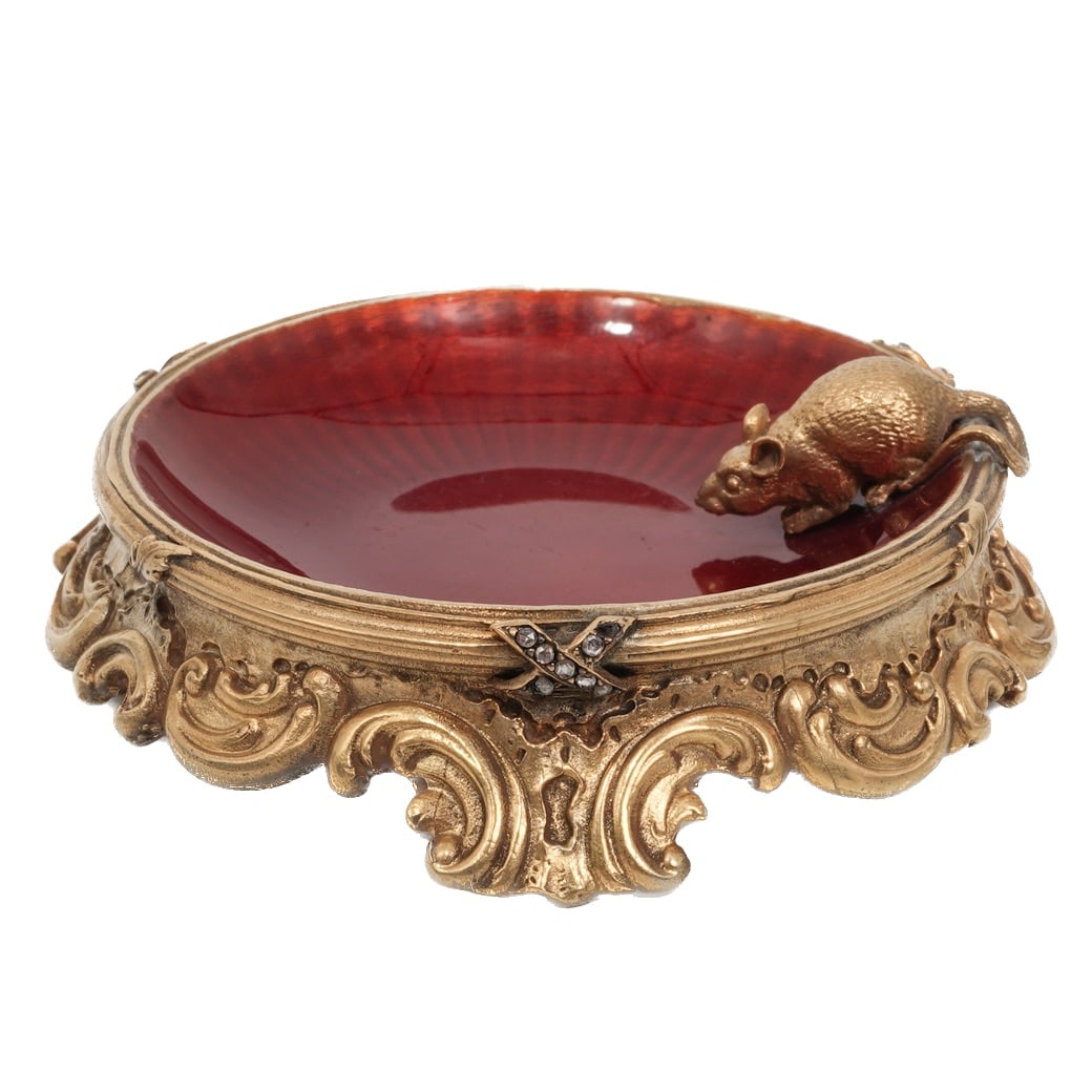 Faberge Era Gilt Silver Guilloche Enamel Mouse Motif Dish: Faberge Era Gilt Silver Guilloche Enamel Mouse Motif Dish20th century, RussianCircular guilloché enamel dish executed in translucent red over an engine-turned ground, mounted in gilt silver with a sc