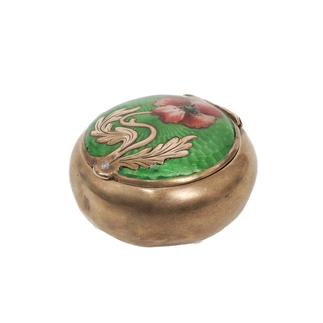 Imperial Russian Faberge Silver Enamel Snuff Box: Imperial Russian Faberge Silver Enamel Snuff BoxLate 19th–early 20th century, Imperial RussiaImperial Russian circular snuff box retailed by Fabergé, executed in vivid green guilloché enamel benea