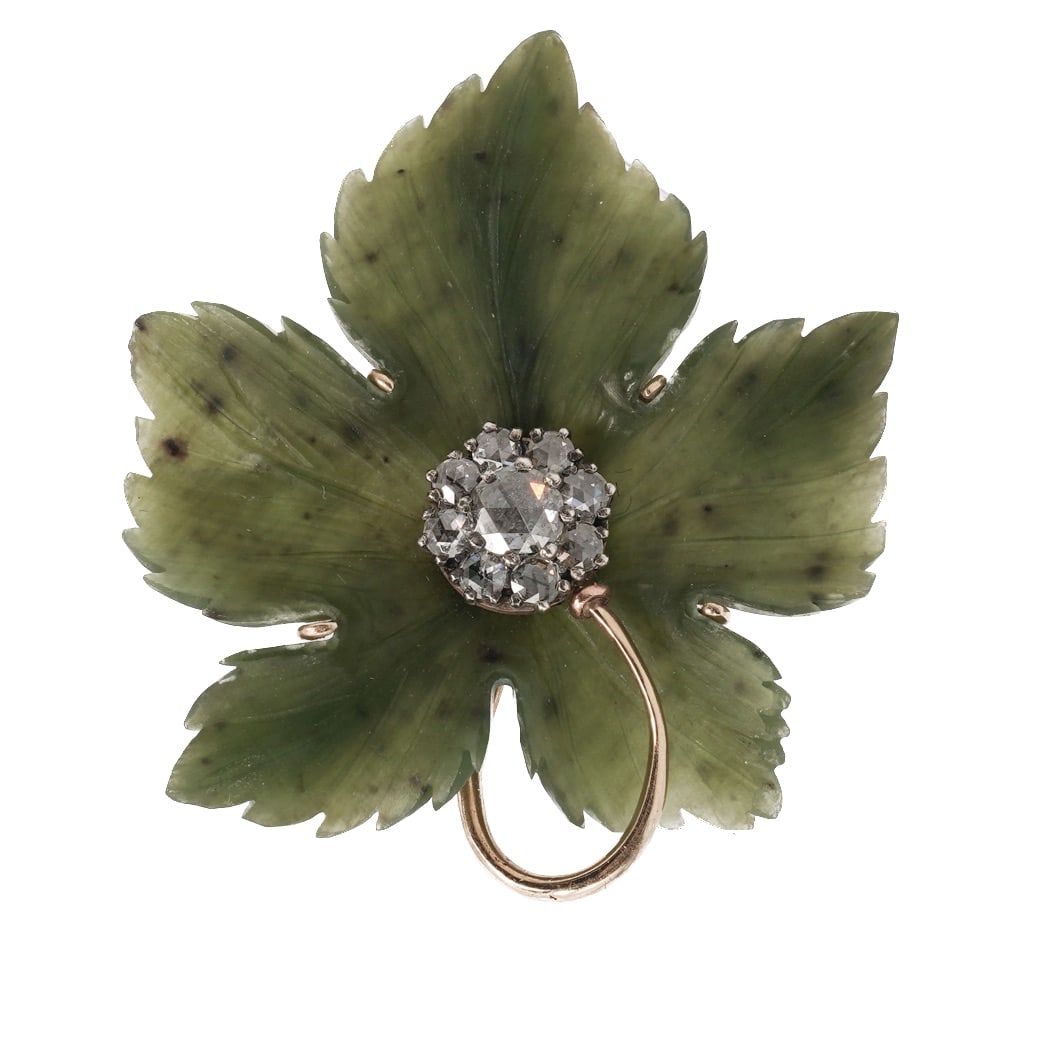 Imperial Faberge Era 14K Gold Diamond & Nephrite Leaf Brooch: Imperial Faberge Era 14K Gold Diamond & Nephrite Leaf Brooch 1890-1917, Russian Empire Leaf-form brooch carved from translucent green nephrite, realistically modeled with veining and serrated edges,