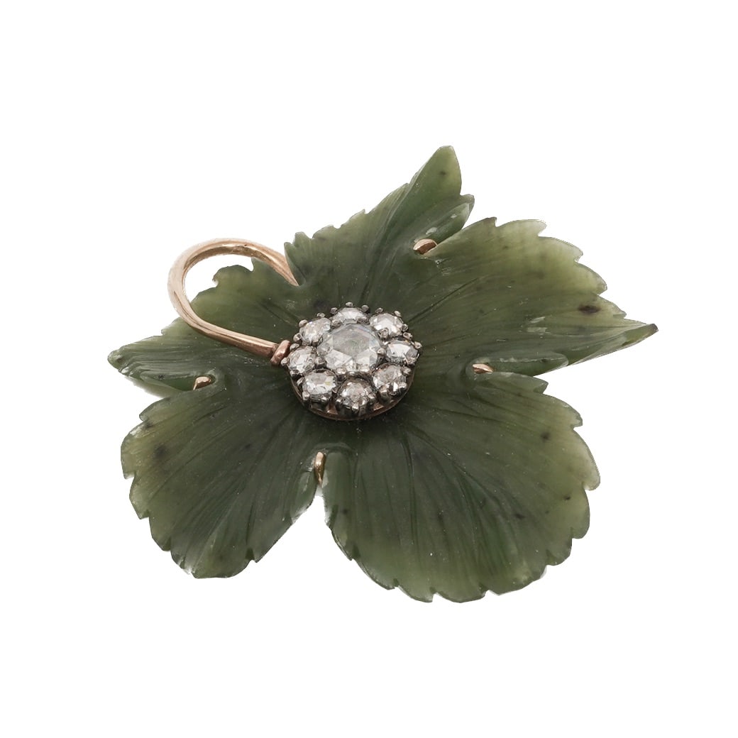 Imperial Faberge Era 14K Gold Diamond & Nephrite Leaf Brooch - 2