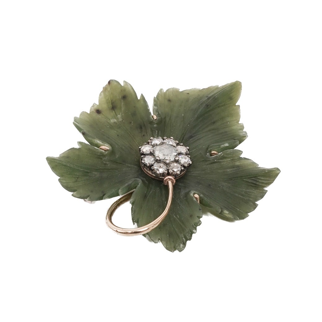 Imperial Faberge Era 14K Gold Diamond & Nephrite Leaf Brooch - 3