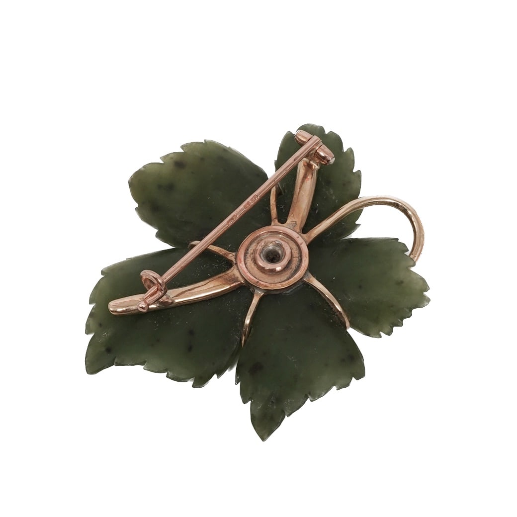 Imperial Faberge Era 14K Gold Diamond & Nephrite Leaf Brooch - 4