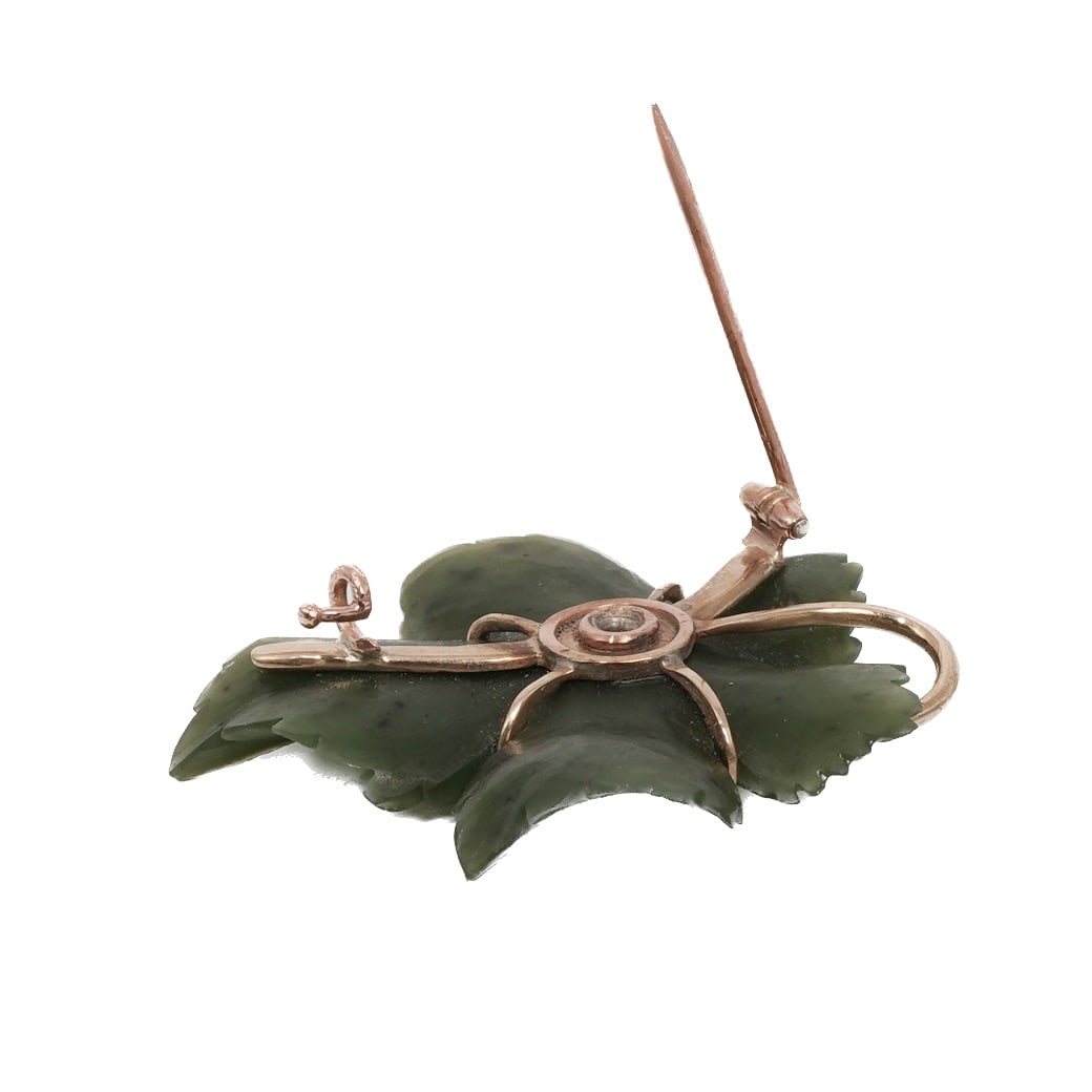 Imperial Faberge Era 14K Gold Diamond & Nephrite Leaf Brooch - 5