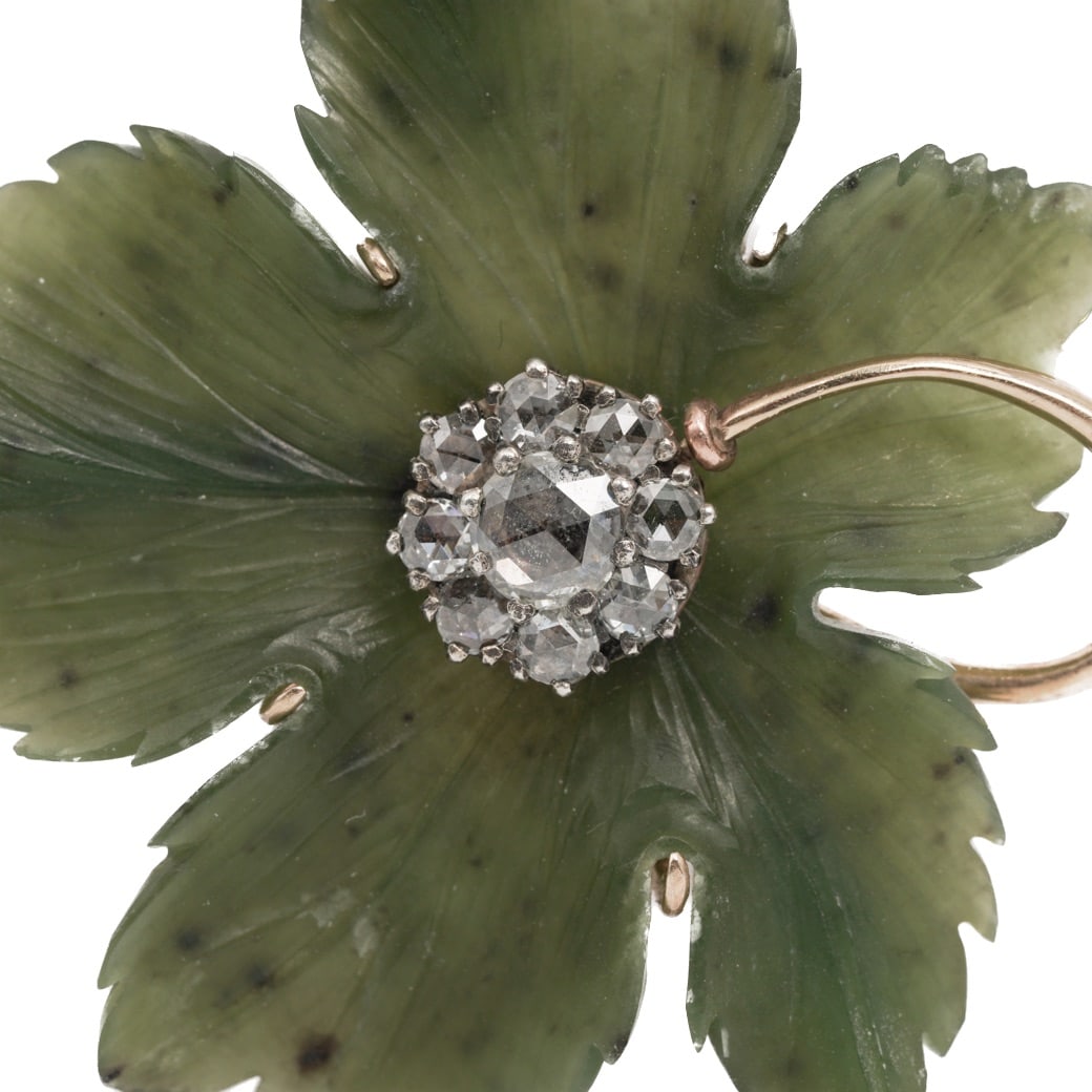 Imperial Faberge Era 14K Gold Diamond & Nephrite Leaf Brooch - 7