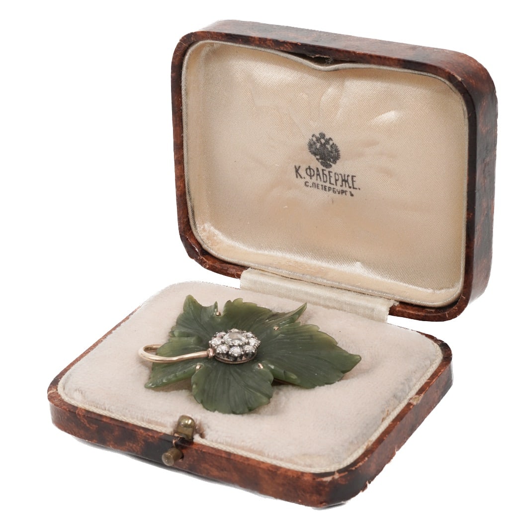 Imperial Faberge Era 14K Gold Diamond & Nephrite Leaf Brooch - 8
