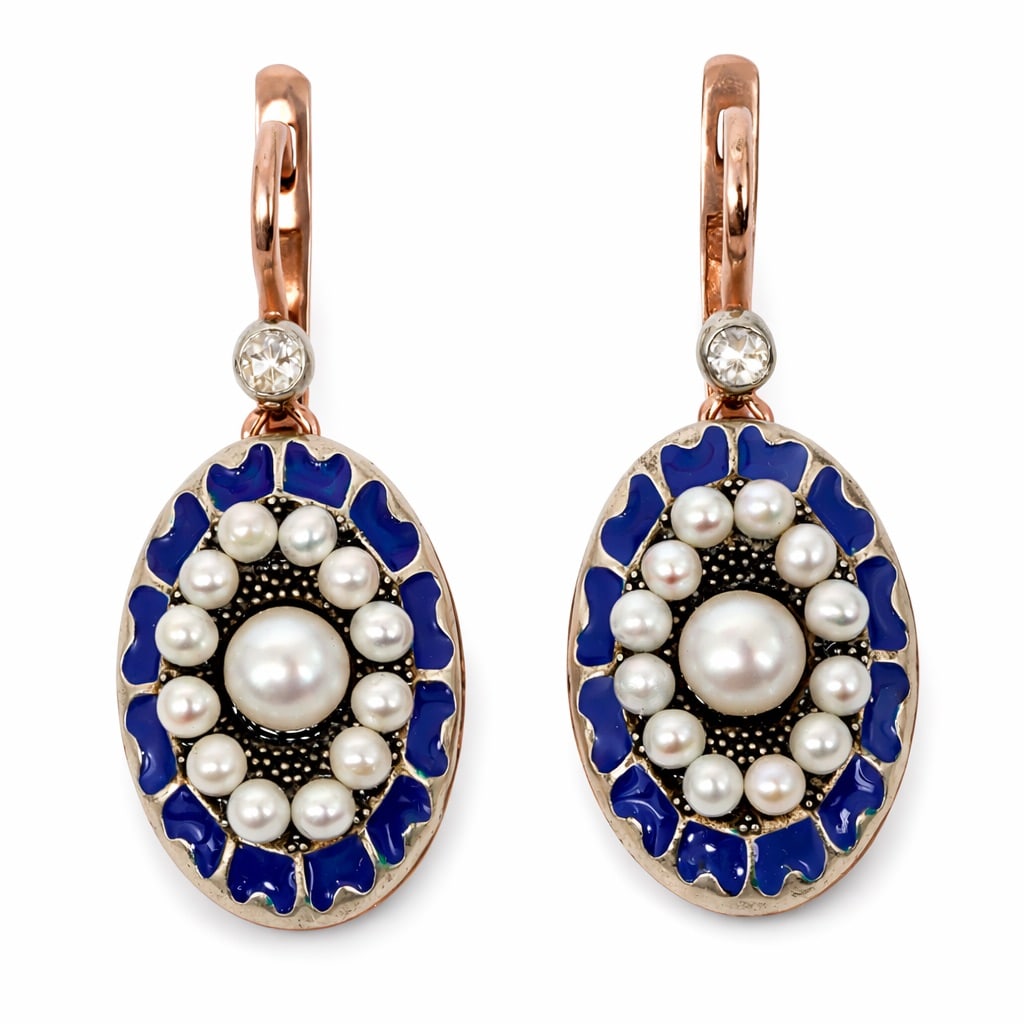 Imperial Faberge Era 14k Gold Enamel Pearl & Diamond Drop Earrings: Imperial Faberge Era 14k Gold Enamel Pearl & Diamond Drop Earrings 1890s–1910s, Russia Pair of 14k yellow gold drop earrings with oval blue enamel plaques, each centered by a pearl within a