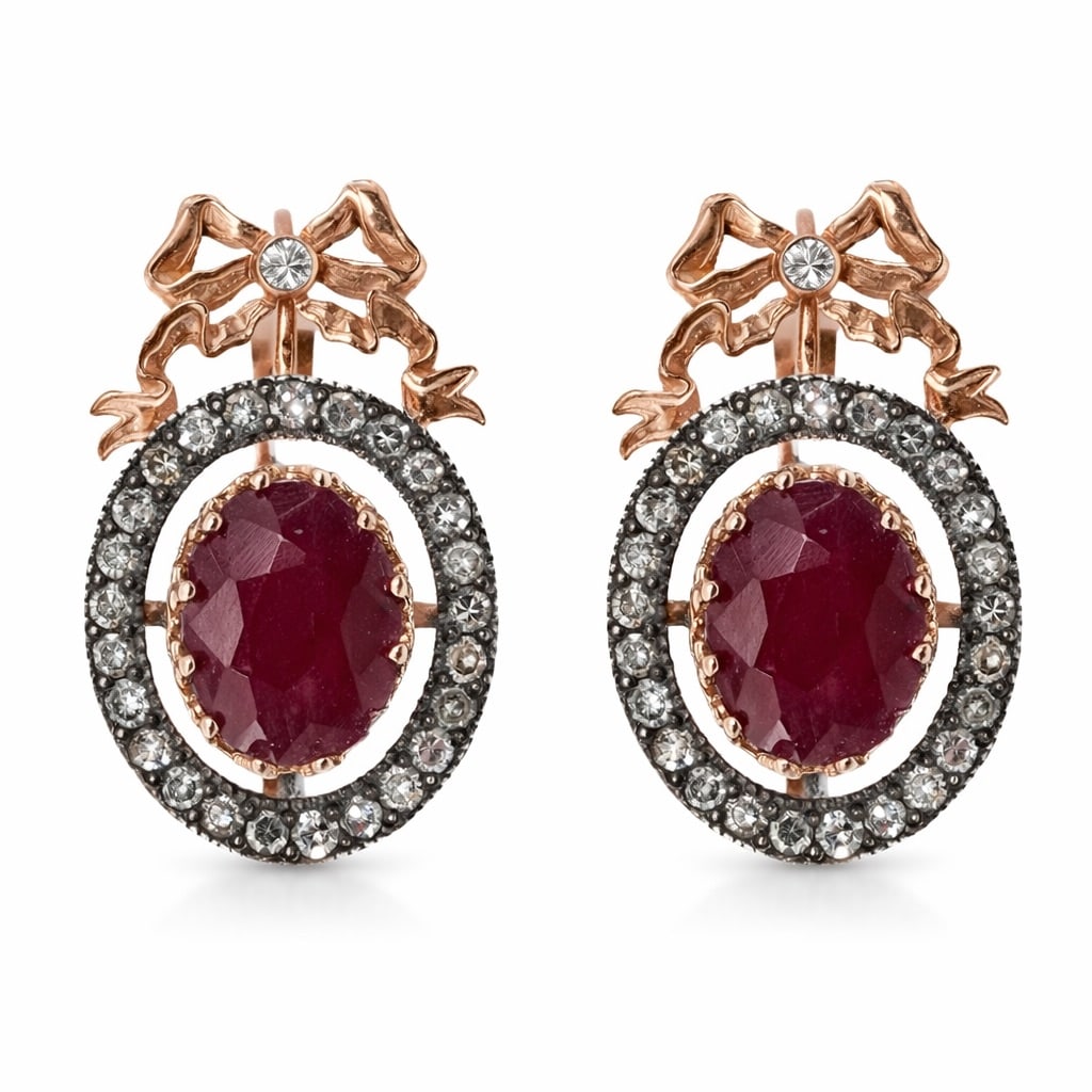 Faberge Imperial Era Russian 14k Gold Diamond & Ruby Bow Earrings: Faberge Imperial Era Russian 14k Gold Diamond & Ruby Bow Earrings Late 19th–early 20th century, Russia Pair of 14k Russian Fabergé-era earrings, each centered by an oval ruby weighing