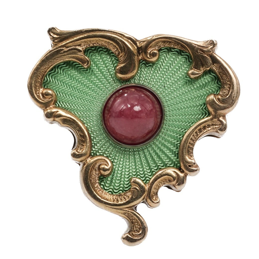 Imperial Faberge Era Silver Enamel and Rhodonite Brooch: Imperial Faberge Era Silver Enamel and Rhodonite Brooch 1890-1910, Russian Empire Brooch of stylized foliate form executed in silver with vivid green guilloché enamel, centered by a domed round