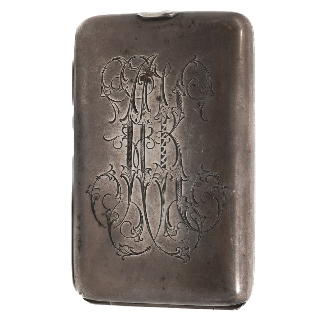Imperial Russian Silver Monogrammed Cigarette Case: Imperial Russian Silver Monogrammed Cigarette Case 1893, Russian Rectangular Imperial Russian silver cigarette case with the exterior engraved with an elaborate intertwined script monogram, executed