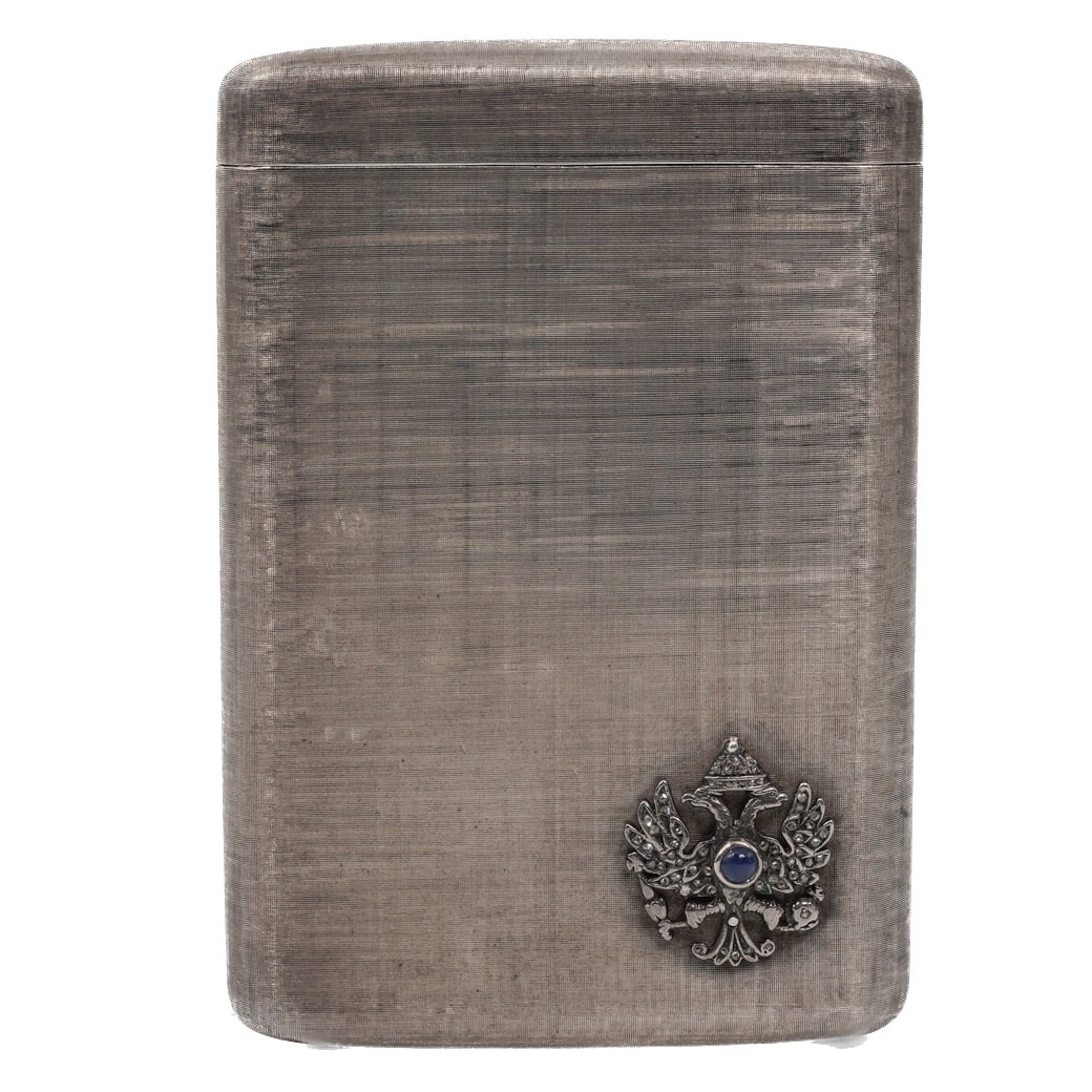 Vintage Russian Sterling Silver Diamond & Sapphire Cigarette Case: Vintage Russian Sterling Silver Diamond & Sapphire Cigarette Case Mid-20th Century Vintage hinged rectangular sterling silver cigarette case, stamped .925, of book-form construction with brushed