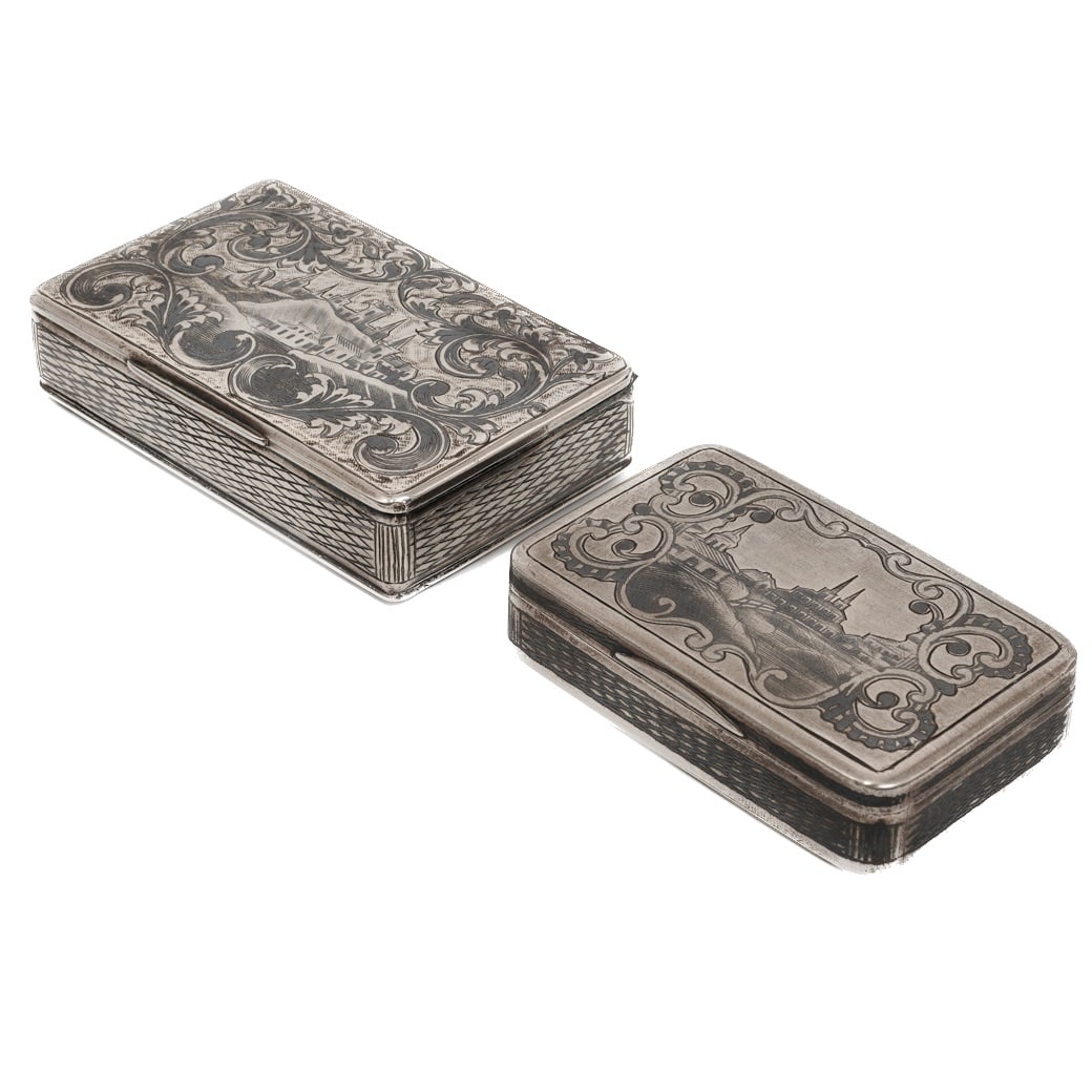 (2 Pcs) Imperial Russian Silver & Niello Architectural Scene Cigarette Cases: (2 Pcs) Imperial Russian Silver & Niello Architectural Scene Cigarette Cases 1880s-1890s, Russian Case I — Architectural Scene with Scrollwork Frame Rectangular Imperial Russian silver cigarette