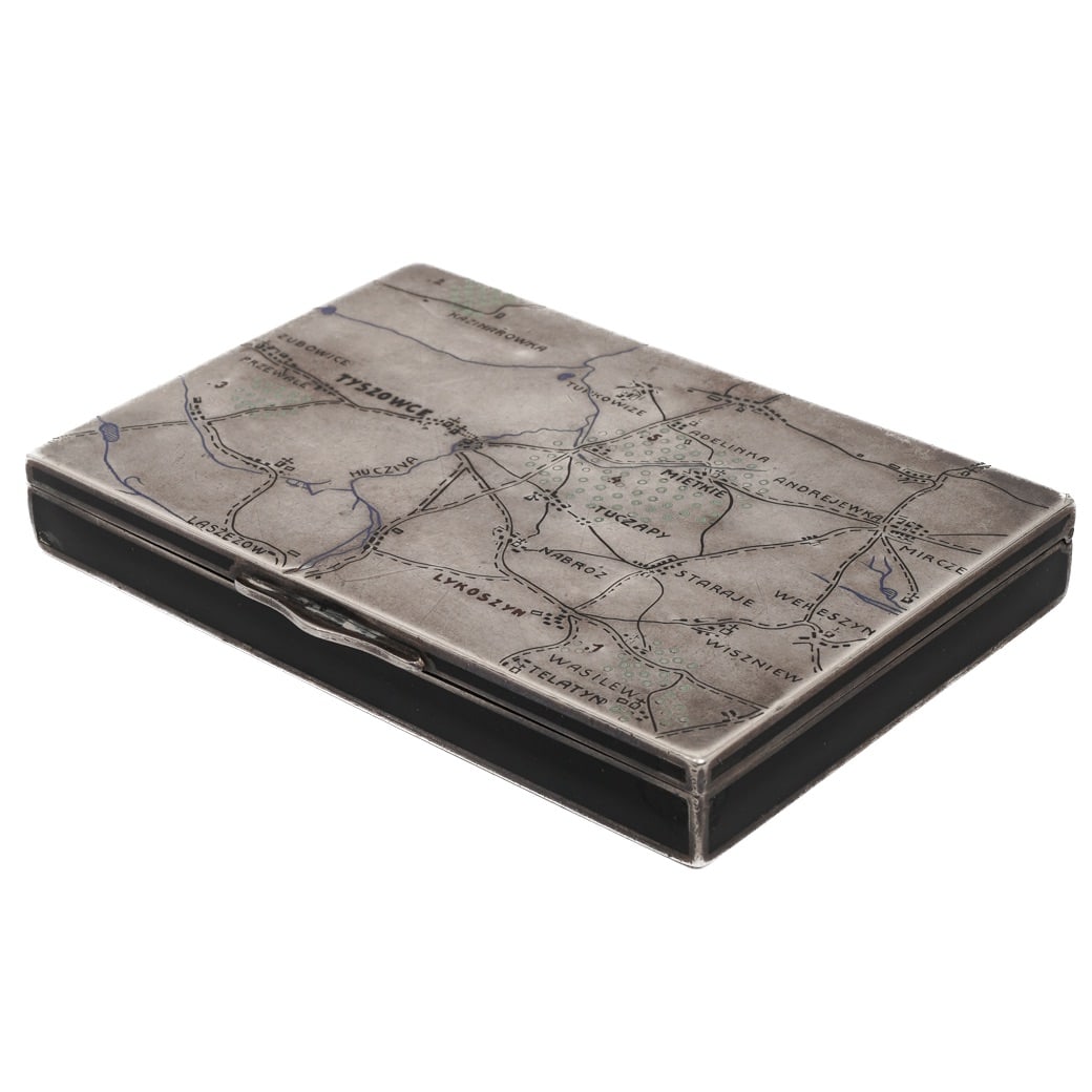 Antique Galician Silver Presentation Cigarette Case: Antique Galician Silver Presentation Cigarette Case 1900–1918, Galicia Rectangular cigarette case engraved on both exterior faces with a detailed period topographical map depicting towns and