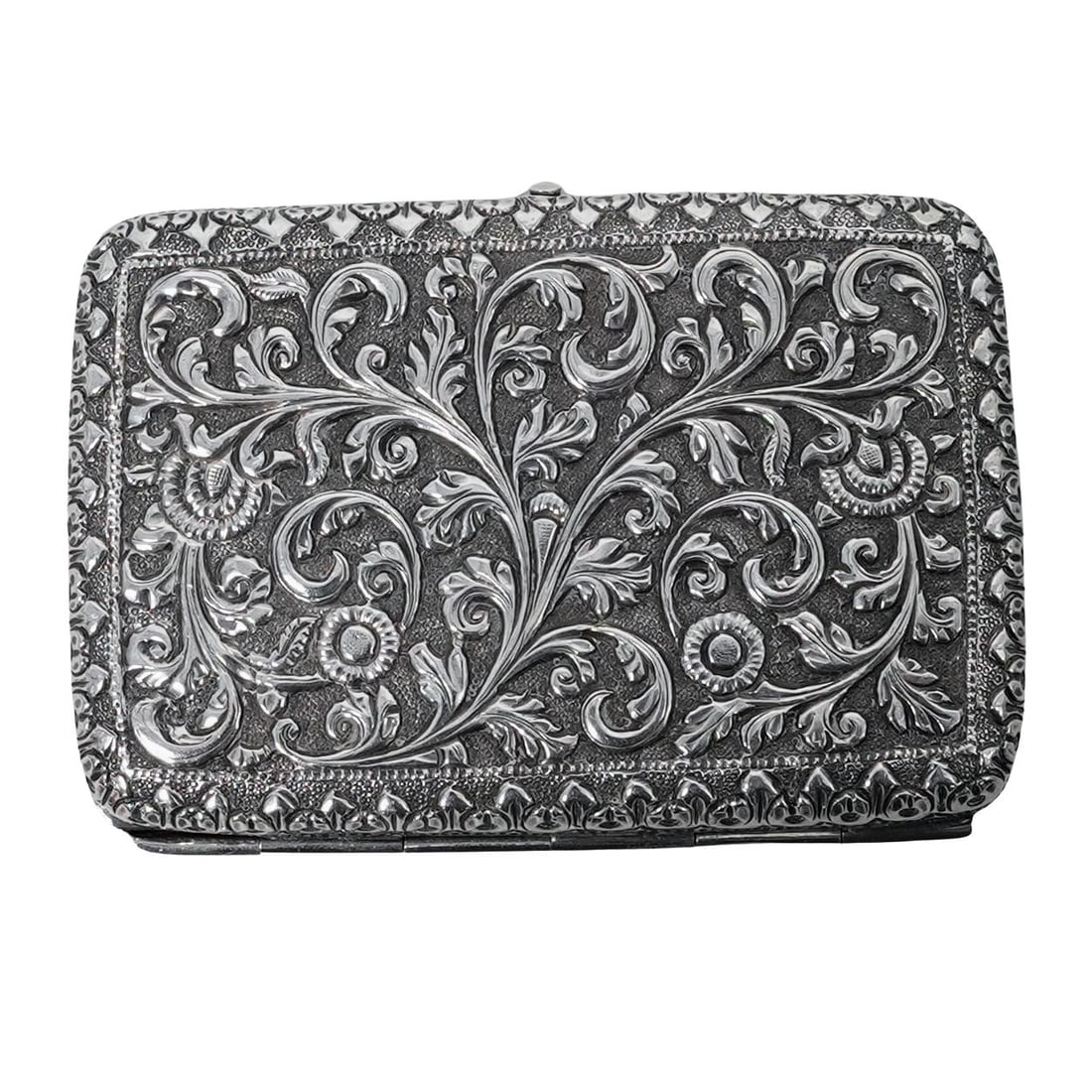 Antique Silver Ornate Repousse Cigarette Case: Antique Silver Ornate Repousse Cigarette Case 20th century, Continental Silver repousse cigarette case with rectangular form, and rounded corners; decorated with ornate intertwined foliage repousse