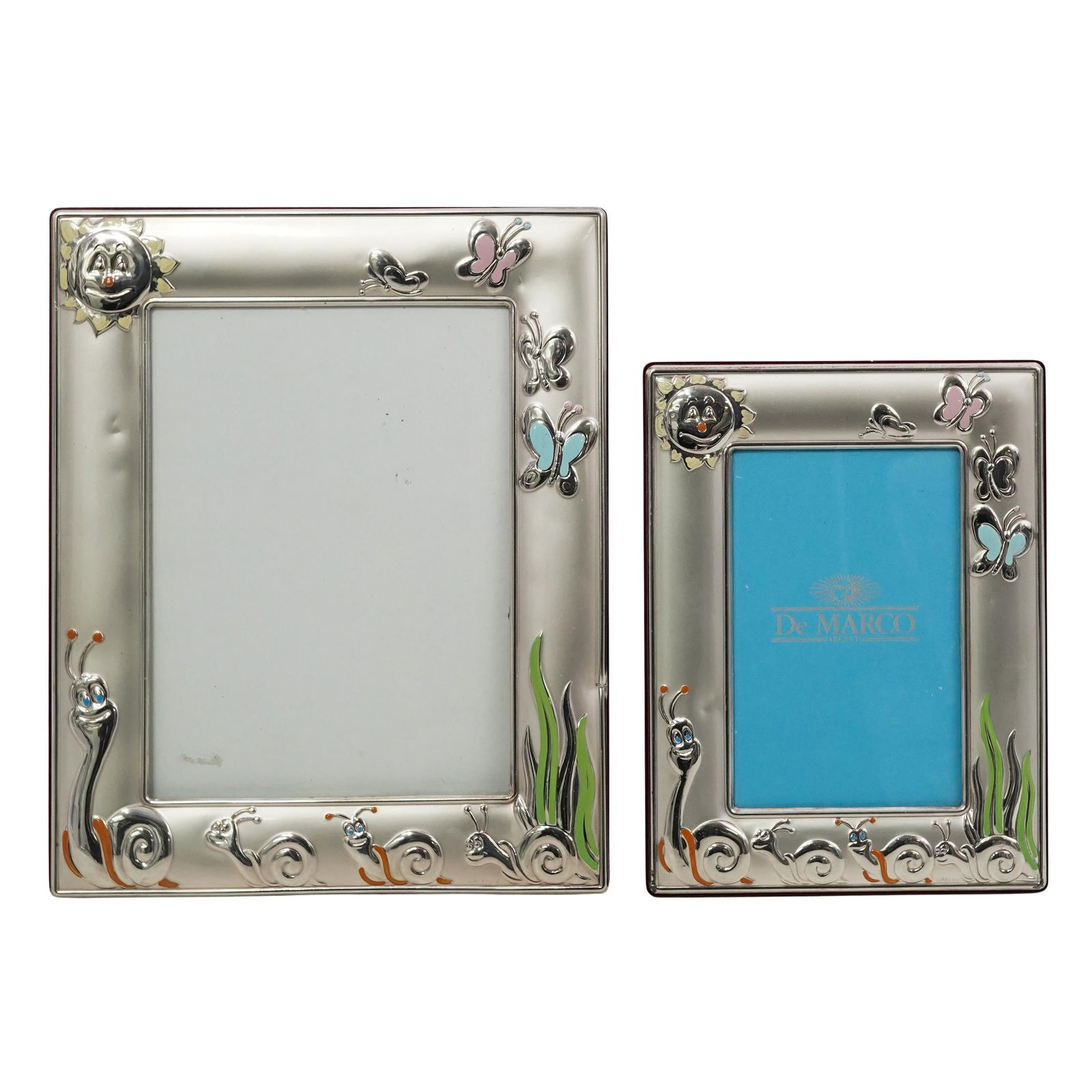 Pair De Marco Argenti Silver Snail Picture Frames: Pair De Marco Argenti Silver Snail Picture Frames Late 20th century, Italian Two De Marco Argenti silver picture frames, each featuring an enameled smiling sun, butterflies, and snails along the